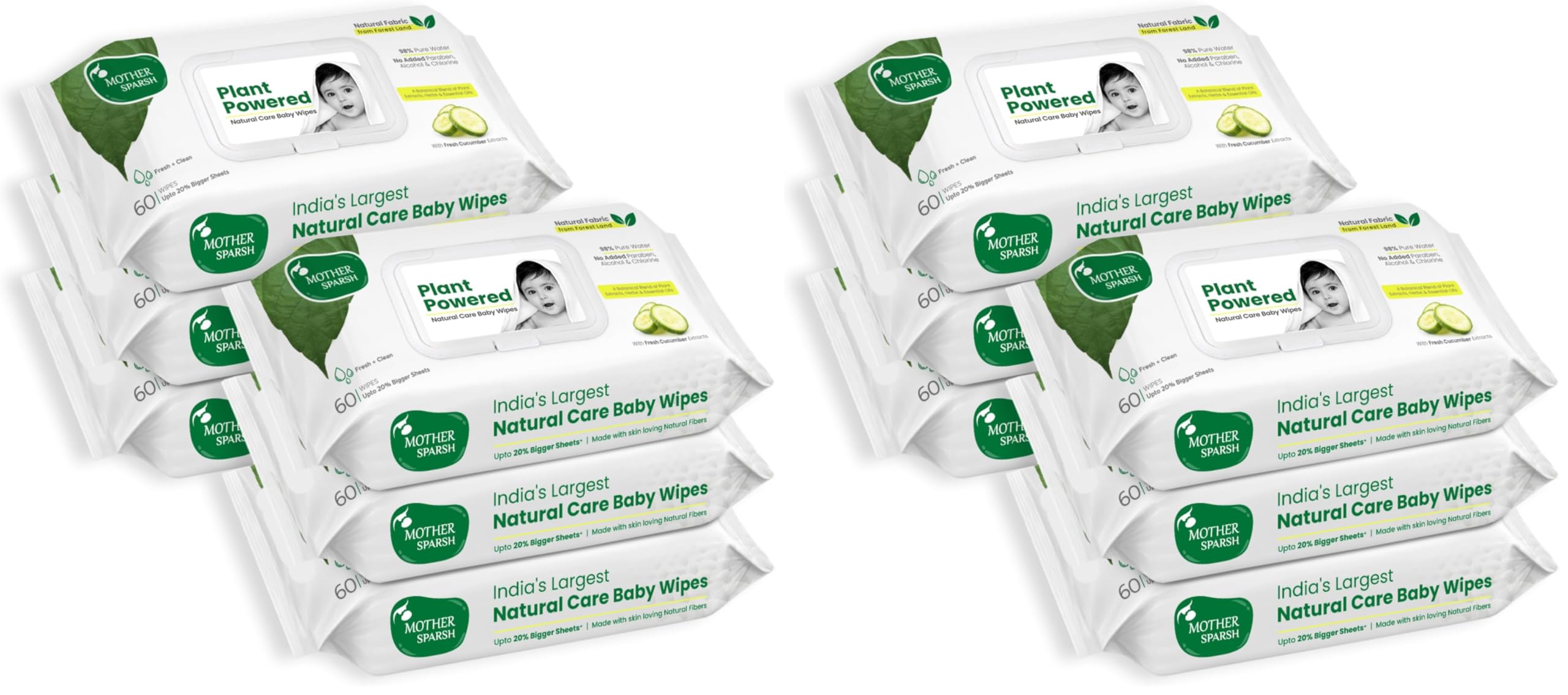 Mother Sparsh Natural Care Baby Wipes 60 Pcs (Pack of 12) I 100% Plant Made Fabric From Forest Land | Fresh+Cleanse (with Cucumber) Plant Powered Wet Wipes For Baby I Cotton Cloth Like Bigger Sheets-image-9