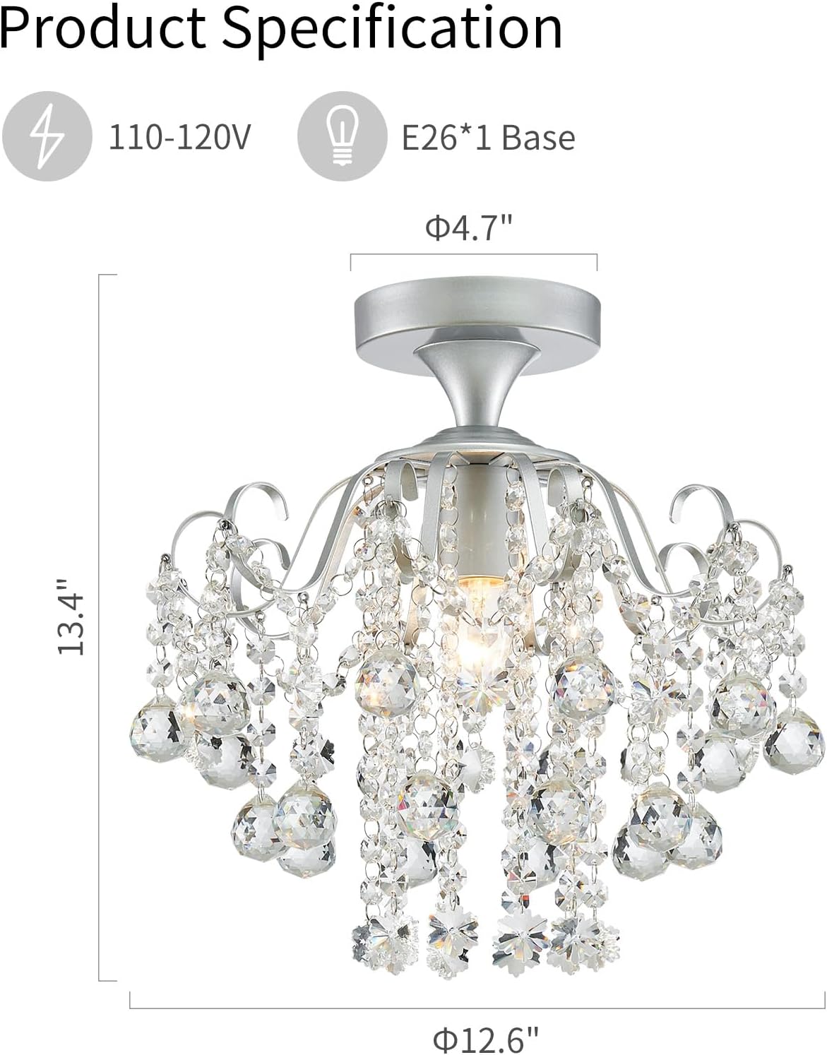 WUZUPS Crystal Chandelier Flushmount Ceiling Light Modern Lighting Fixture for Bedroom Hallway Bar Kitchen Bathroom, H 13.4" x W 12.6", E26 Base, Silver
