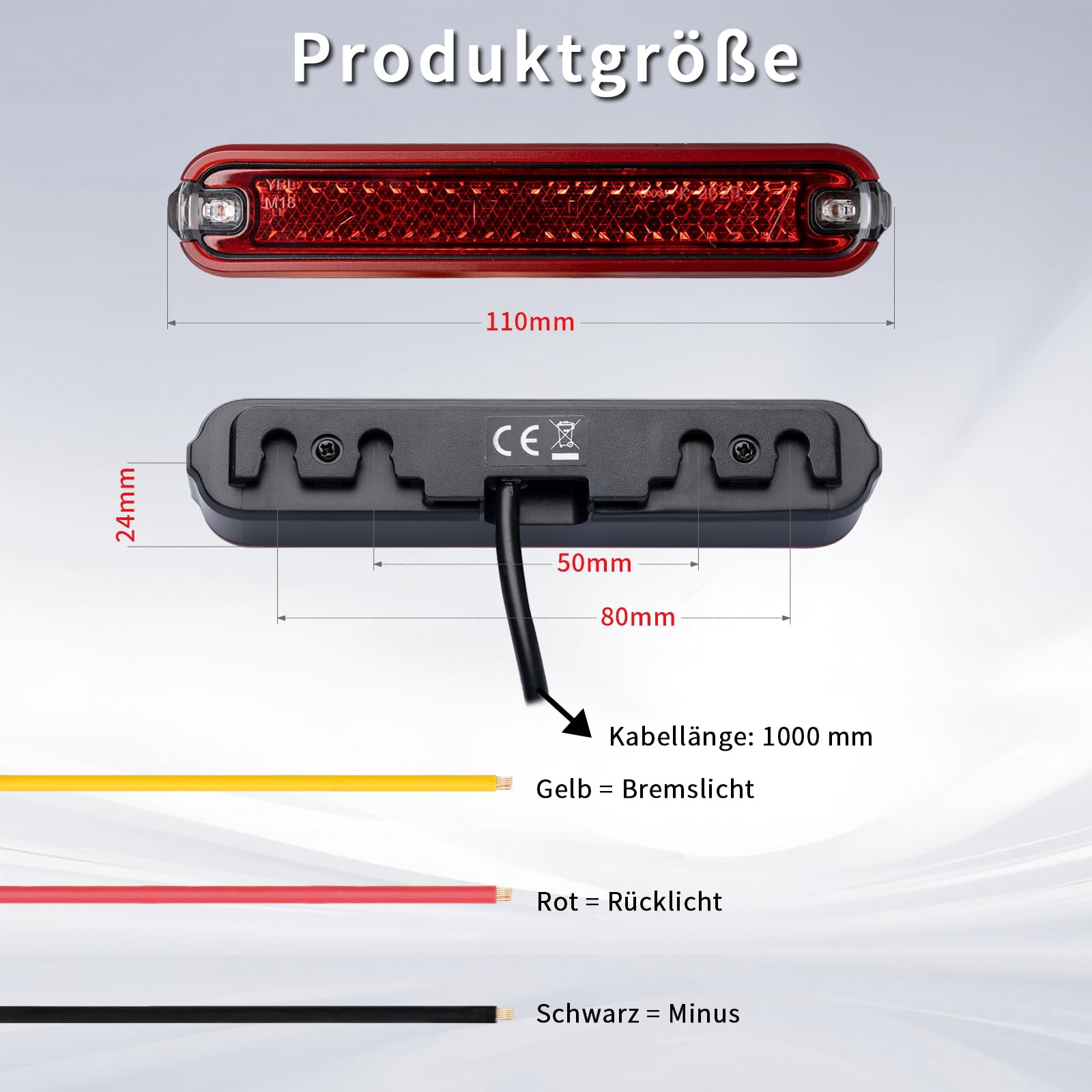 evermotor Luce Freno con Fanale Posteriore LED Moto, 6-12V, IP67 Impermeabile, Cavo 900mm, M18, Certificato CE e Omologato StVZO, Facile Montaggio per Moto, Biciclette ed E-Bike
