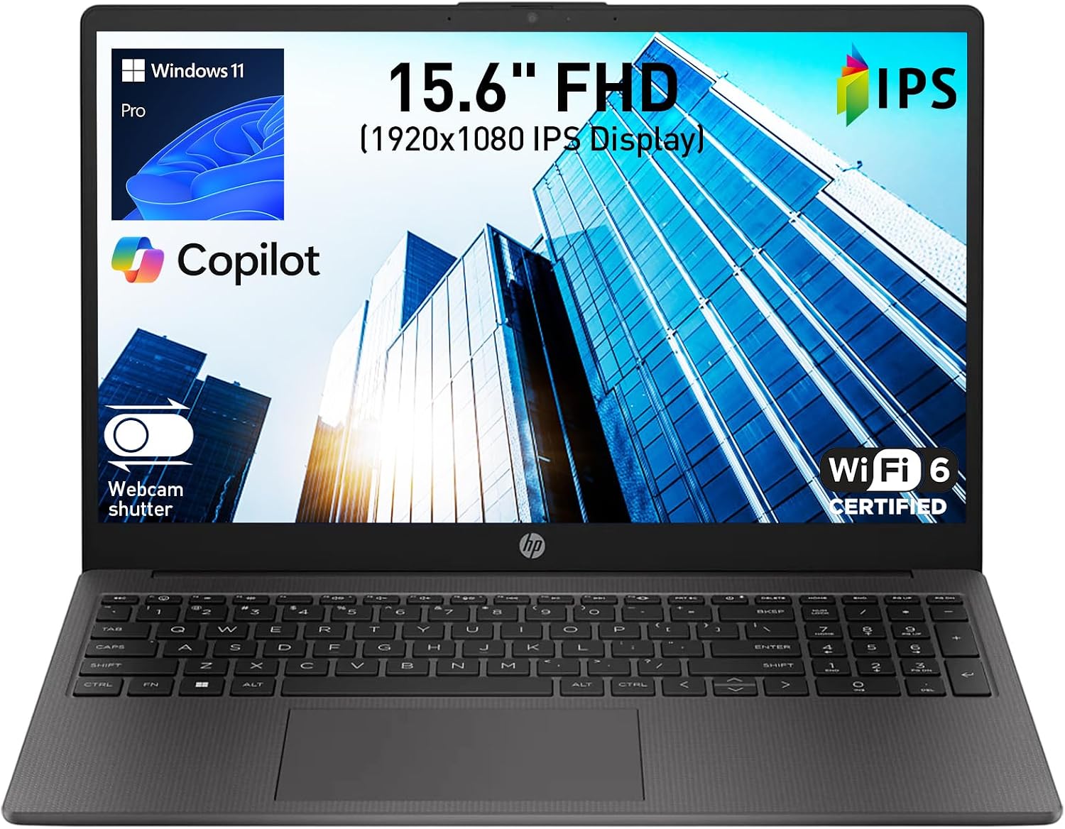 HP 255 G10 Business Laptop, AMD Quad-core CPU, 16GB RAM, 512GB SSD, W11 Pro | 15.6" Full HD Display, Webcam w/ shutter, Numeric Keypad, Microsoft Copilot, HDMI, Wi-Fi 6, Dark Ash Silver