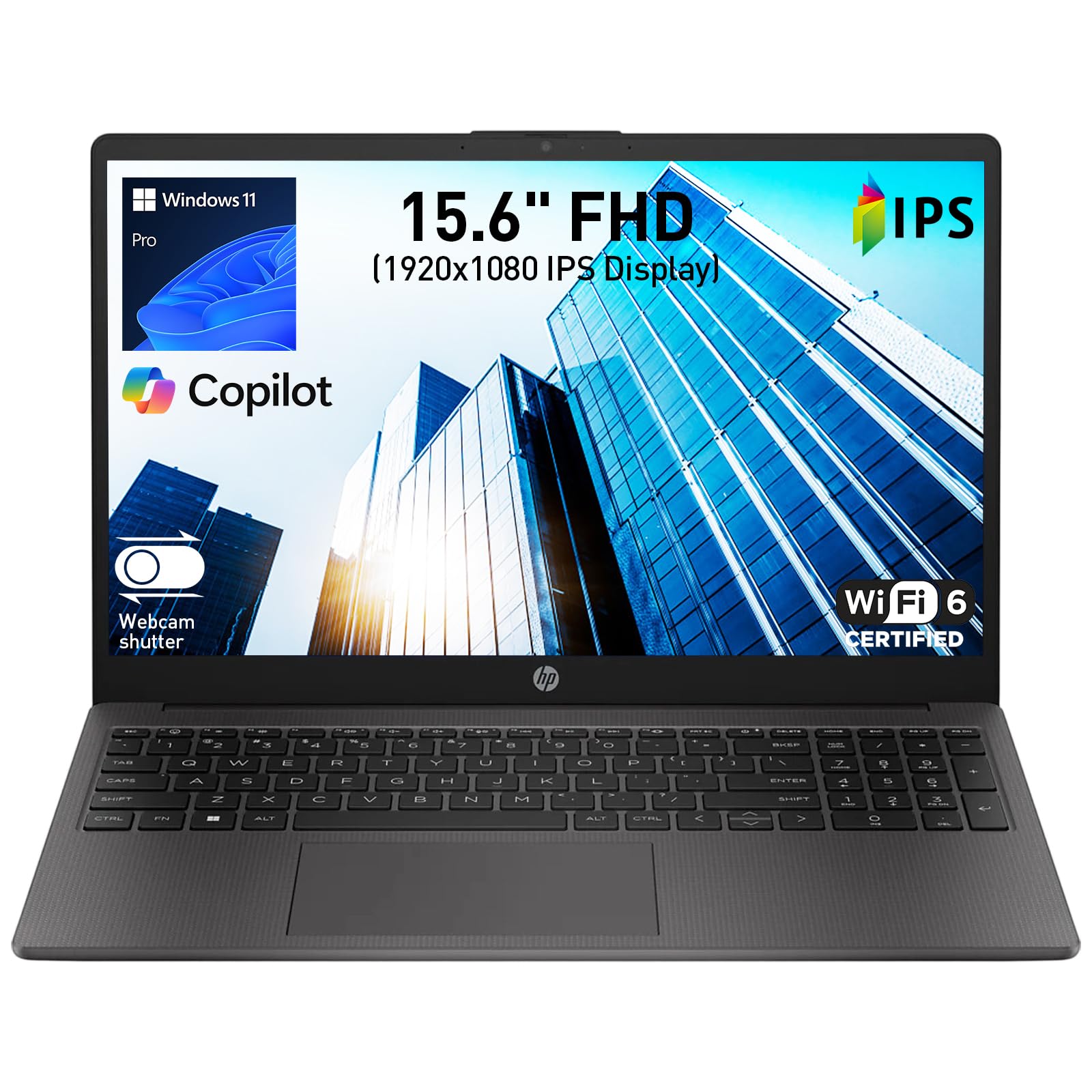HP 255 G10 Business Laptop, AMD Quad-core CPU, 16GB RAM, 512GB SSD, W11 Pro | 15.6" Full HD Display, Webcam w/ shutter, Numeric Keypad, Microsoft Copilot, HDMI, Wi-Fi 6, Dark Ash Silver