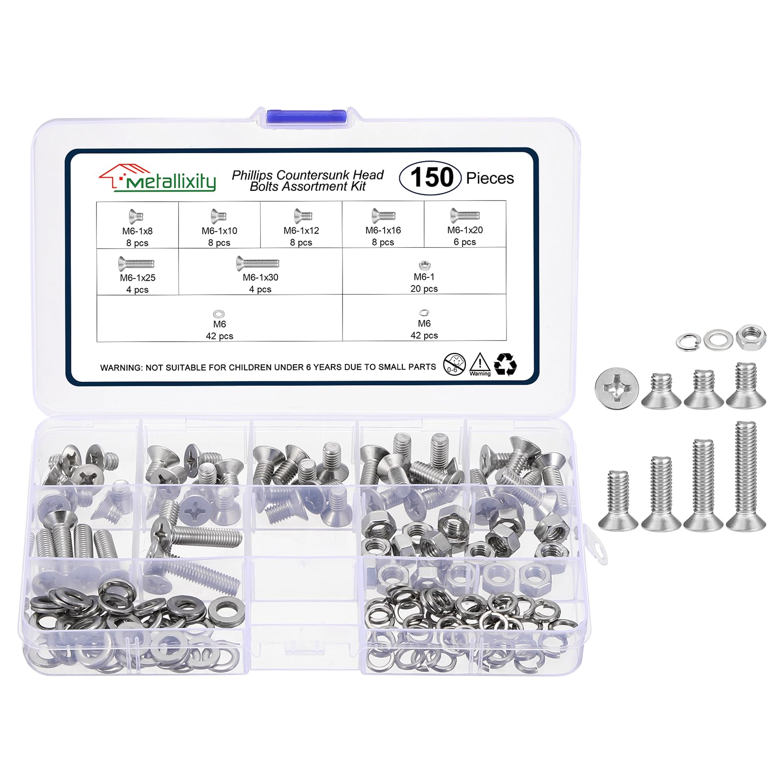 METALLIXITY Phillips Countersunk Machine Bolt Nut Assortment Set(M6-1) 250Pcs, Stainless Steel Flat Head Hardware Screw Kit with Flat Washers Spring Washers - for Indoor Metal Fasten, Silver