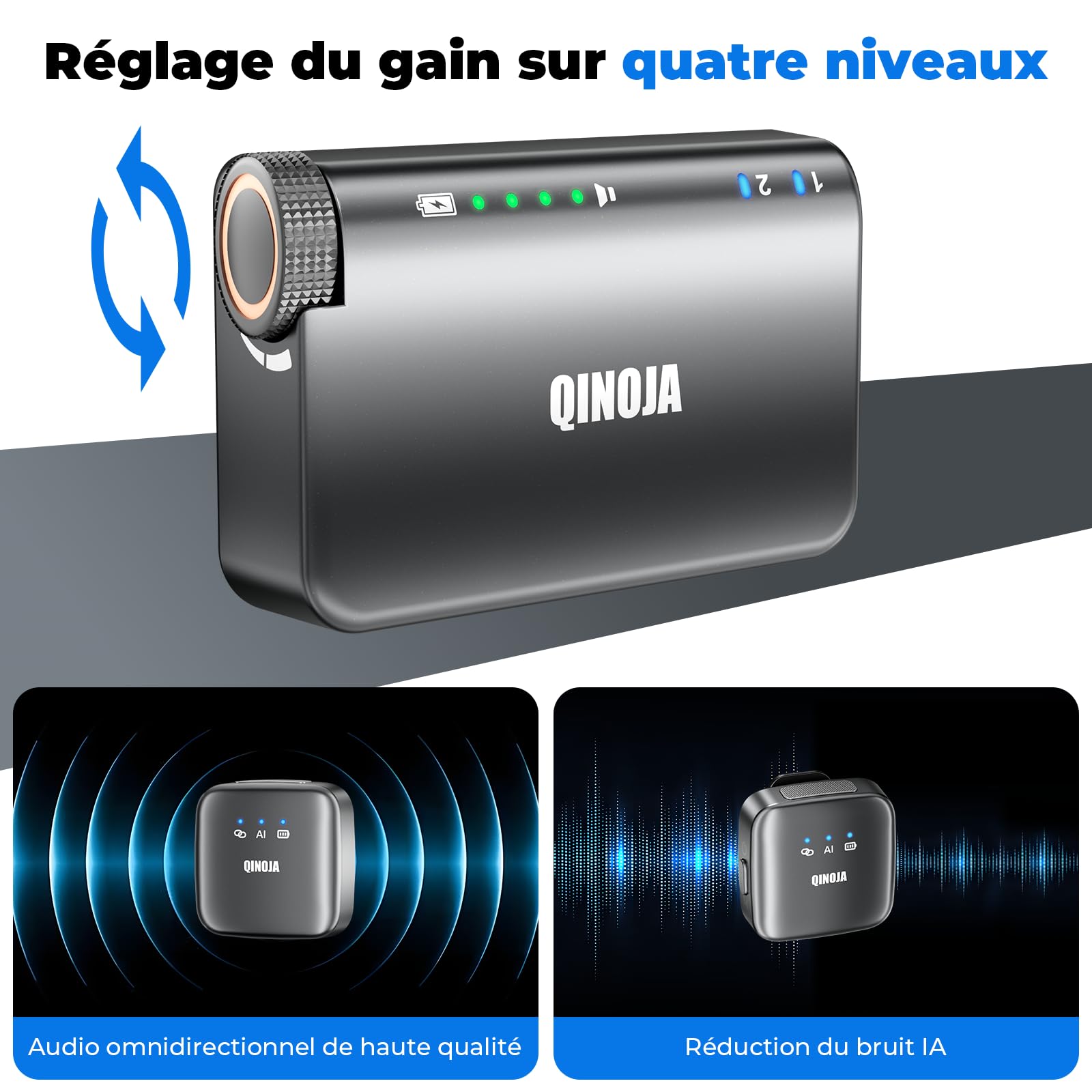 Micro Cravate sans Fil pour iPhone/Android/Caméra/Ordinateur - Réglage du Gain, Réduction du Bruit par IA, Boîtier de Recharge, Mini Microphone Magnétique pour Vlog, Streaming
