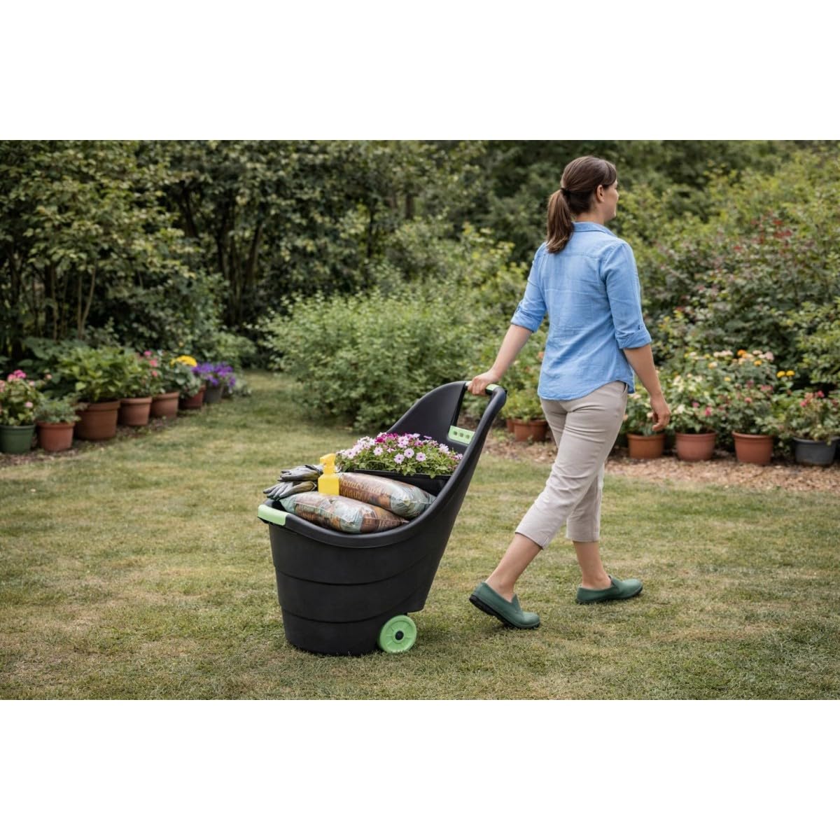KZ GARDEN - Chariot de jardin 62L 2 roues - Transport Bois, Terreau, Plantes Trolley Plastique robuste recyclé Noir