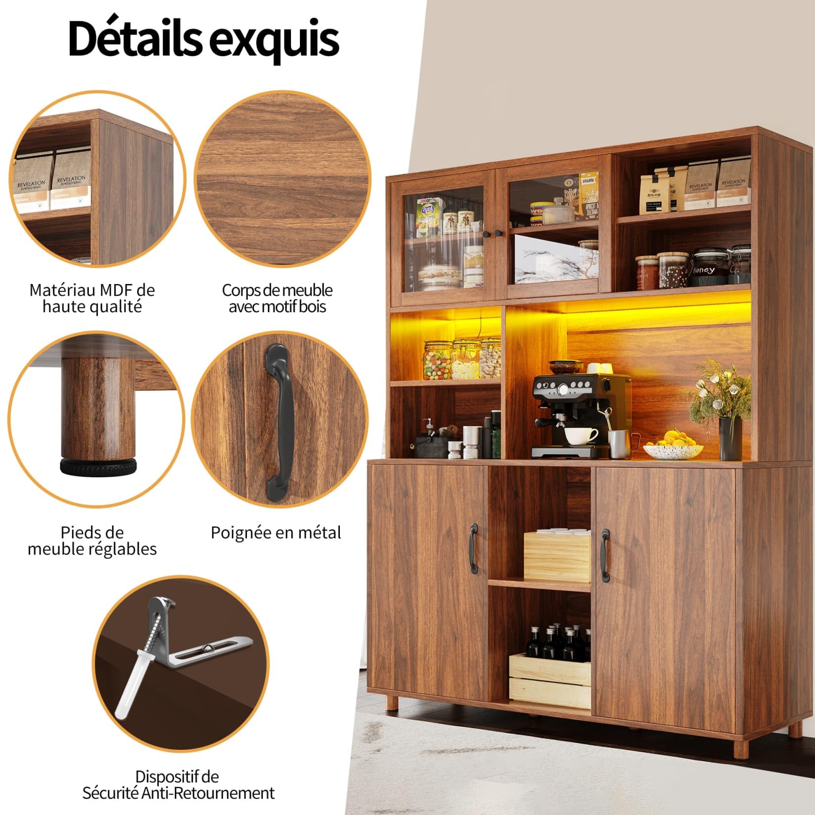 Buffet Haut de Cuisine,Armoire de Salon Moderne,Buffet Salle a Manger,Meuble de Rangemen avec étagères réglables et éclairage LED,2 Portes coulissante en Verre,140x40x185cm (Marron Noyer)