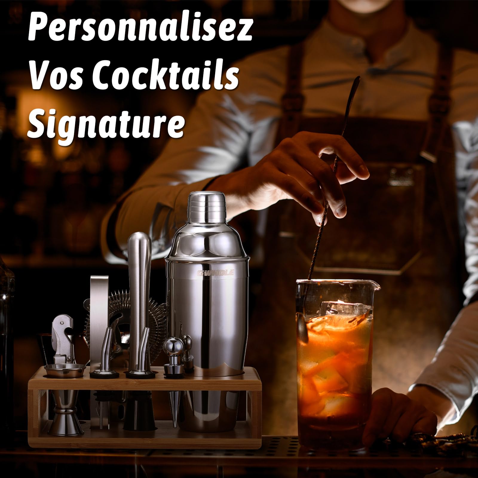 Kit Shaker à Cocktail en Acier Inoxydable GWHOLE avec Support Bois et Recette