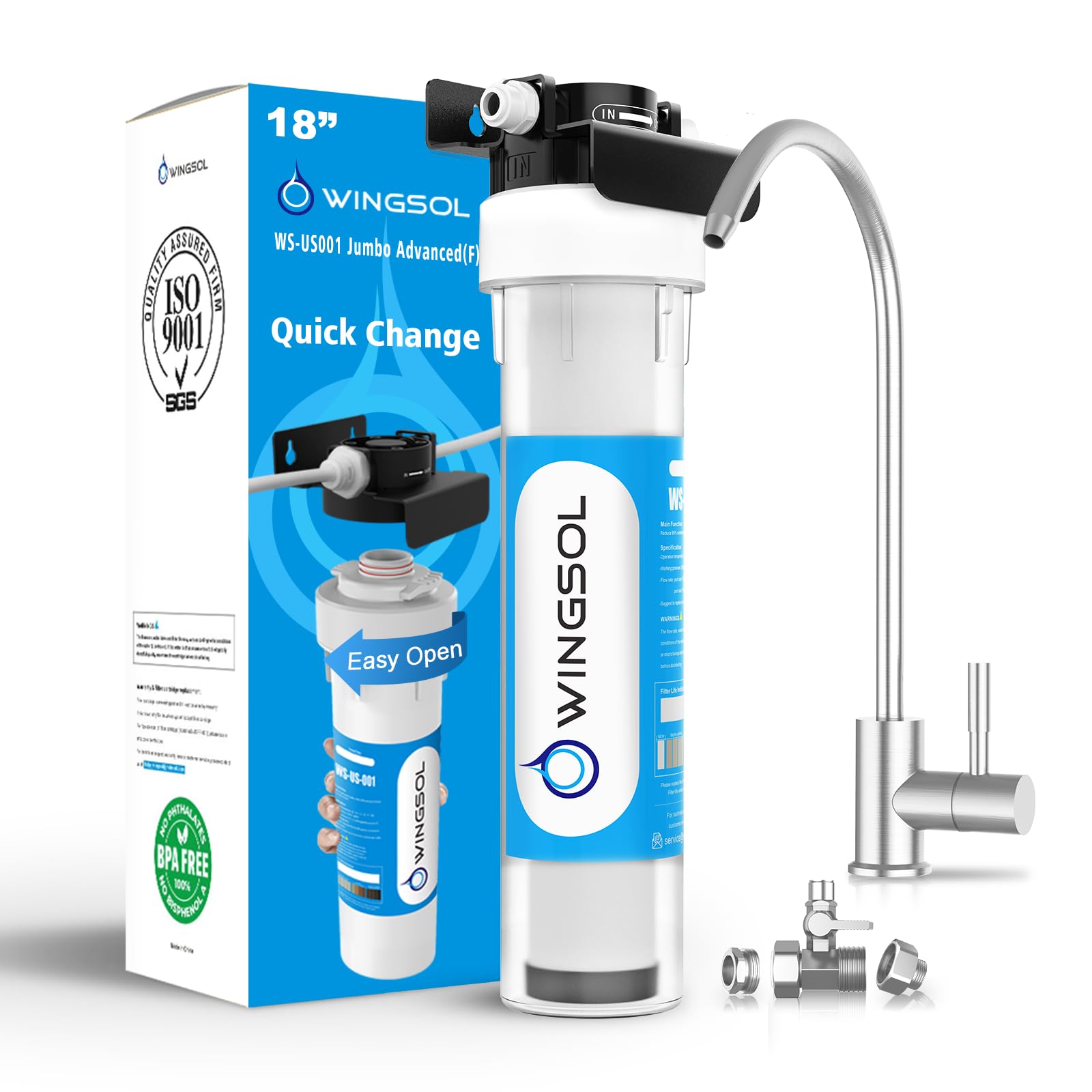 WINGSOL Water Filter for Sink with Faucet, Reduce Heavy Metals/Chlorine/PFAS/PFOA/PFOS/Odor/Sediment, NSF/ANSI 42&53 Improve Taste, EZ Change Life Indication Mineral pH+ Under Sink Water Filter -Jumbo