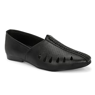 VFORVERILLA Men's Ethnic Laser Cut Slip On Flat Juttis and Mojaris Black