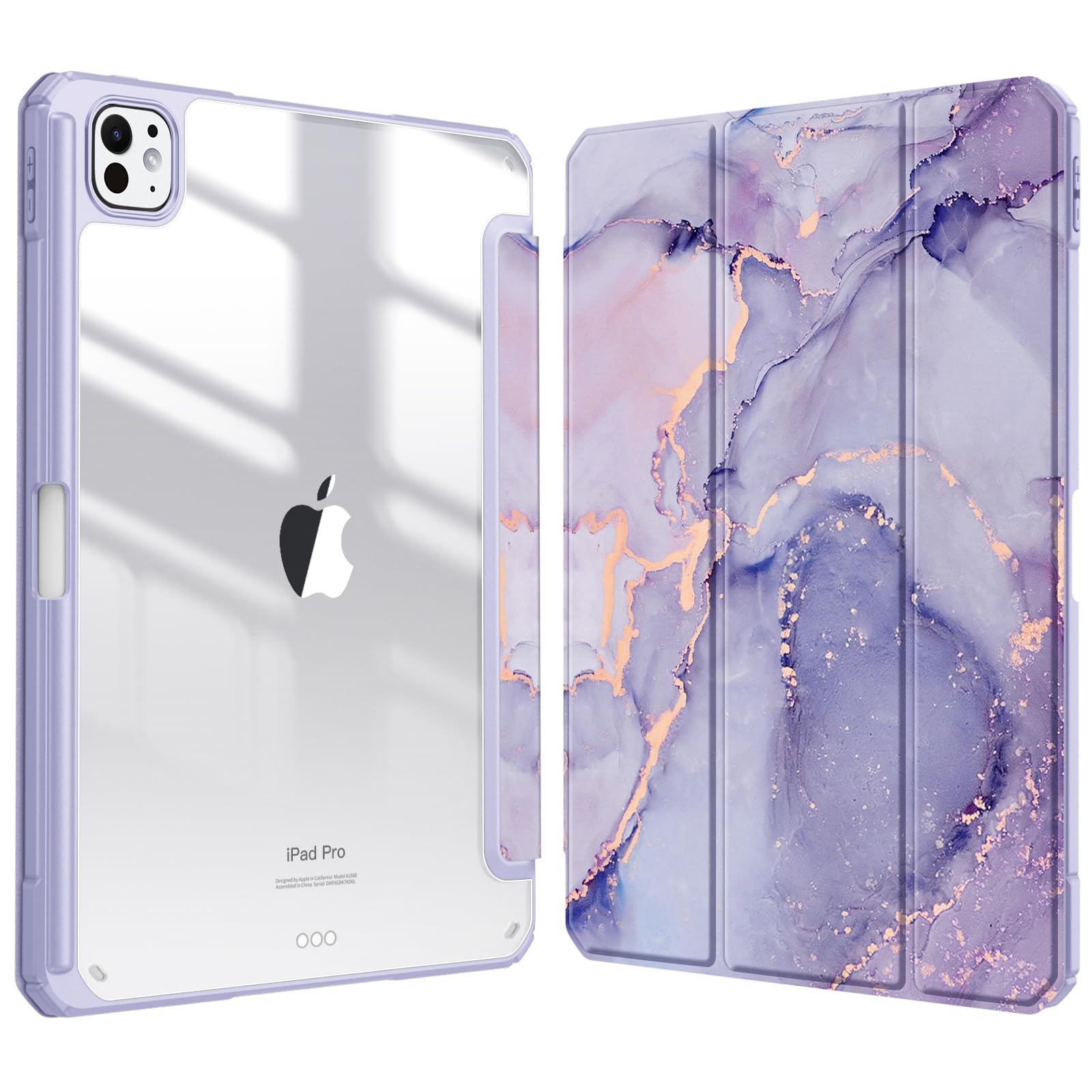 Fintie Hybrid Hülle für iPad Pro 11 Zoll (M5/M4) 2025/2024 mit Stifthalter - Stoßfeste Schutzhülle Case mit transparenter Hartschale auf der Rückseite, Lila Marmor