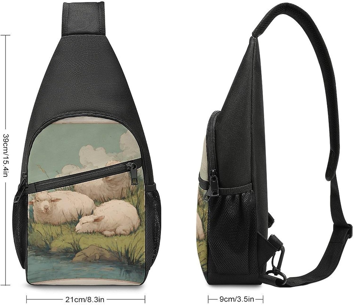 Sheep Laying On Grass Near Water Crossbody Sling Backpack Chest Bag Daypack | unisex,trendy,with convertible and detachable shoulder strap,side pockets
