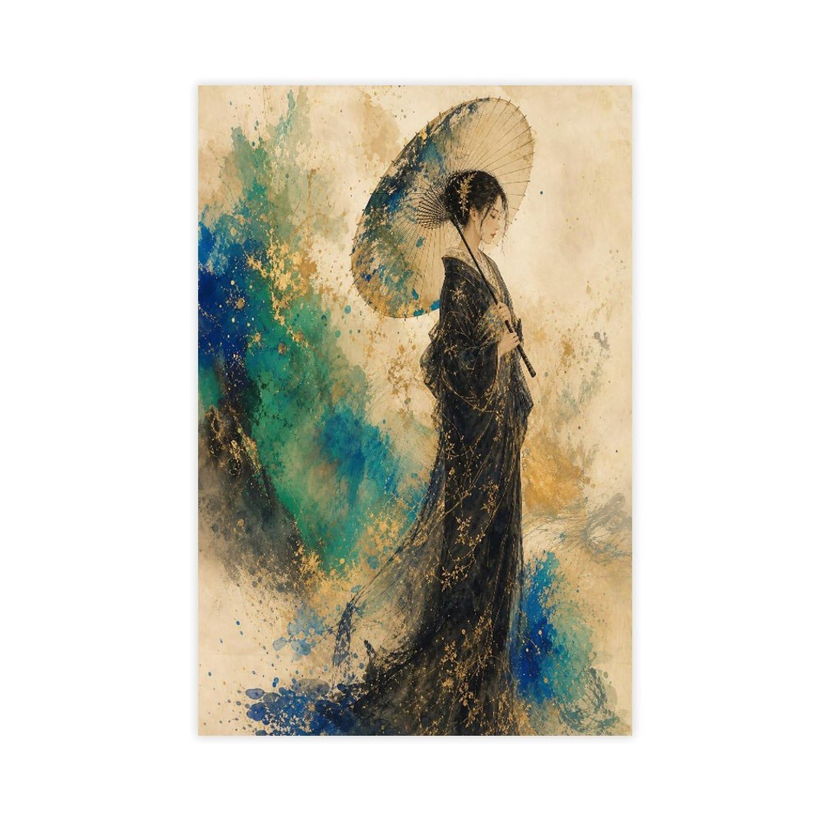 H3b8u2y5 Unframe-Style-23 Woman With Parasol By Turquoise Wave Canvas Wall Art, Asian Ink