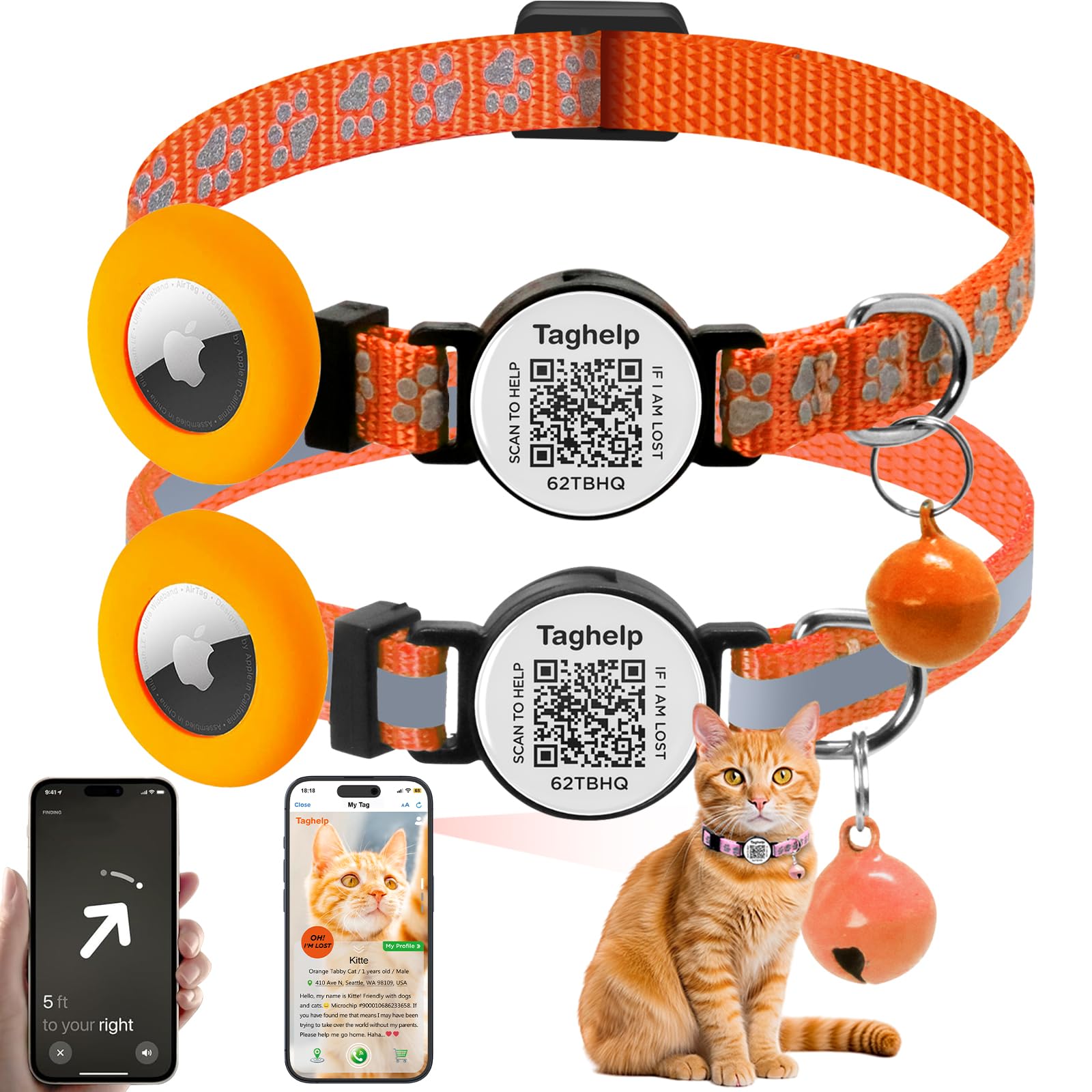 Taghelp 2-Pack Orange QR Code Cat Collar