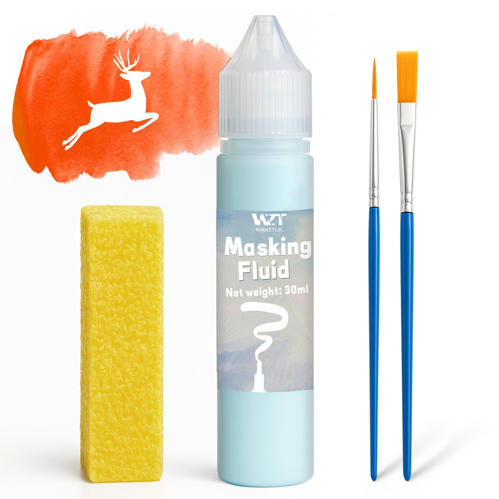 Wan2tlk Blue Masking Fluid For Watercolor Painting, 30Ml Watercolor Masking Fluid With 2 Brushes & Eraser, Fine Arts & Crafts Supplies For Ink, Watercolour, Gouache Painting (Blue)