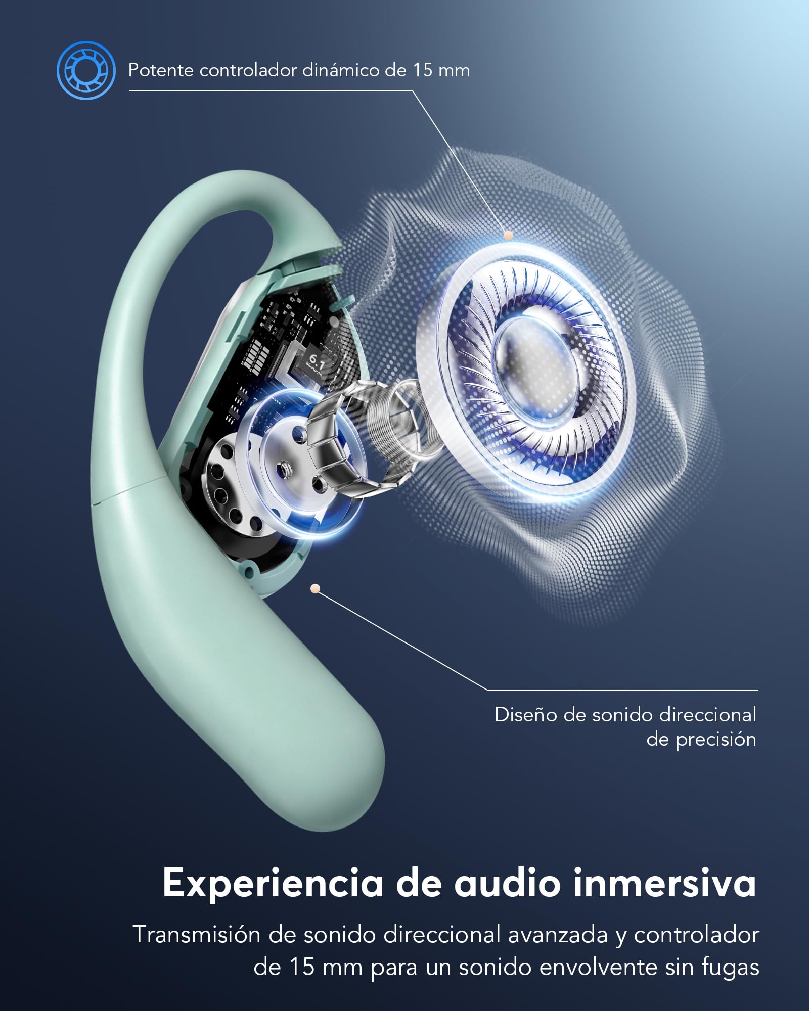Auriculares Traductor en Tiempo Real 8 Modos Traducción con 198 Idiomas | 3 en 1 Auriculares Traductores de Idiomas, 60H Cascos Oreja Abierta Bluetooth 6.1 para Viajes, Reuniones Azul