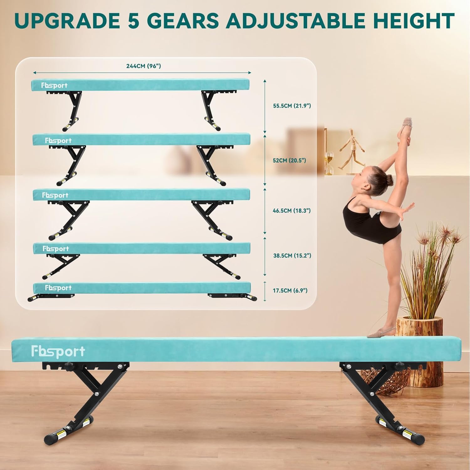 Poutre De Gymnastique FBSPORT 244 Cm – 5 Hauteurs Réglables (17,5 à 55,5 Cm), Rembourrée, Antidérapante, Pour Enfants Et Adultes