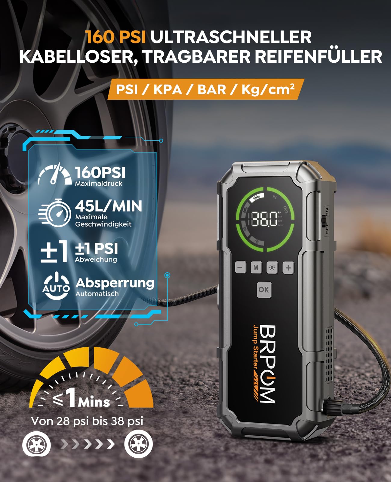 BRPOM Starthilfe Powerbank 8000A, Auto Starthilfe mit Kompressor 160PSI, 26800mAh Batteriestarter für alle Benzinmotoren und bis 12,0L Dieselmotoren, LED-Licht und Powerbank