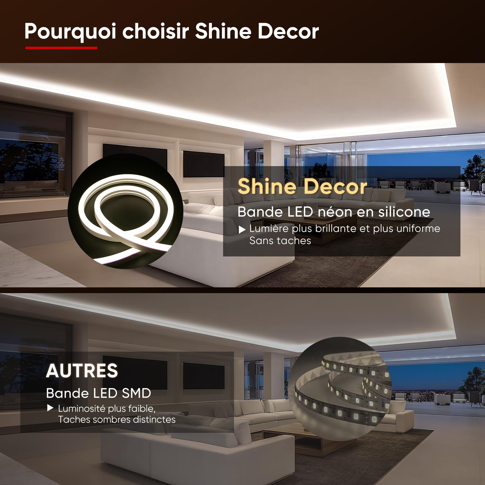 Shine Decor Neon Ruban LED 10m, 230V Bande lumineuse, IP65 Etanche, 10W/M, 350LM/M, 120 leds/m Neon LED Strip pour Décoration Maison Cuisine Jardin Eclairage LED (Blanc Chaud)