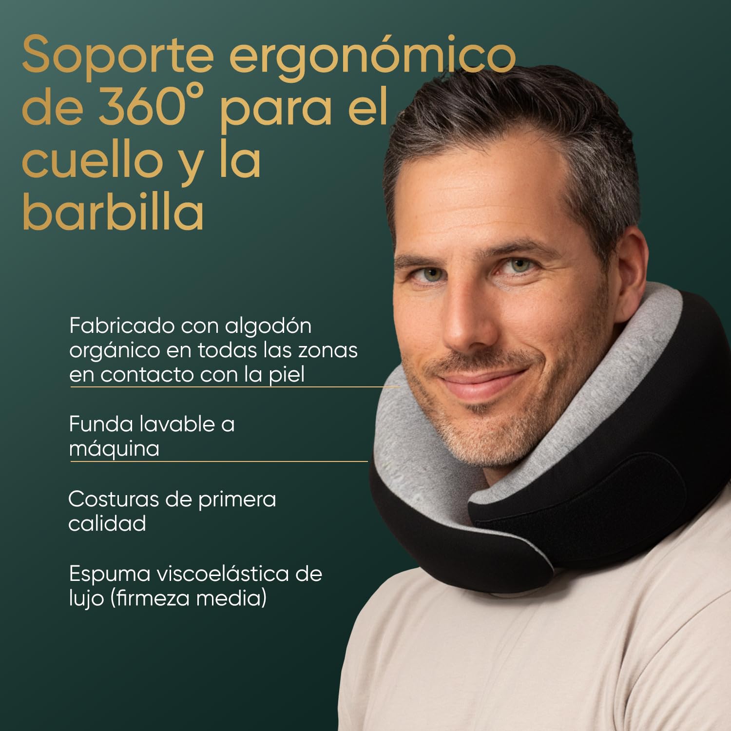 Proglobe Luxe Almohada Cervical de Viaje 360° Avión, Negro Carbón | Espuma viscoelástica con funda lavable de algodón orgánico y bolsa compacta. Soporte ergonómico 360°.