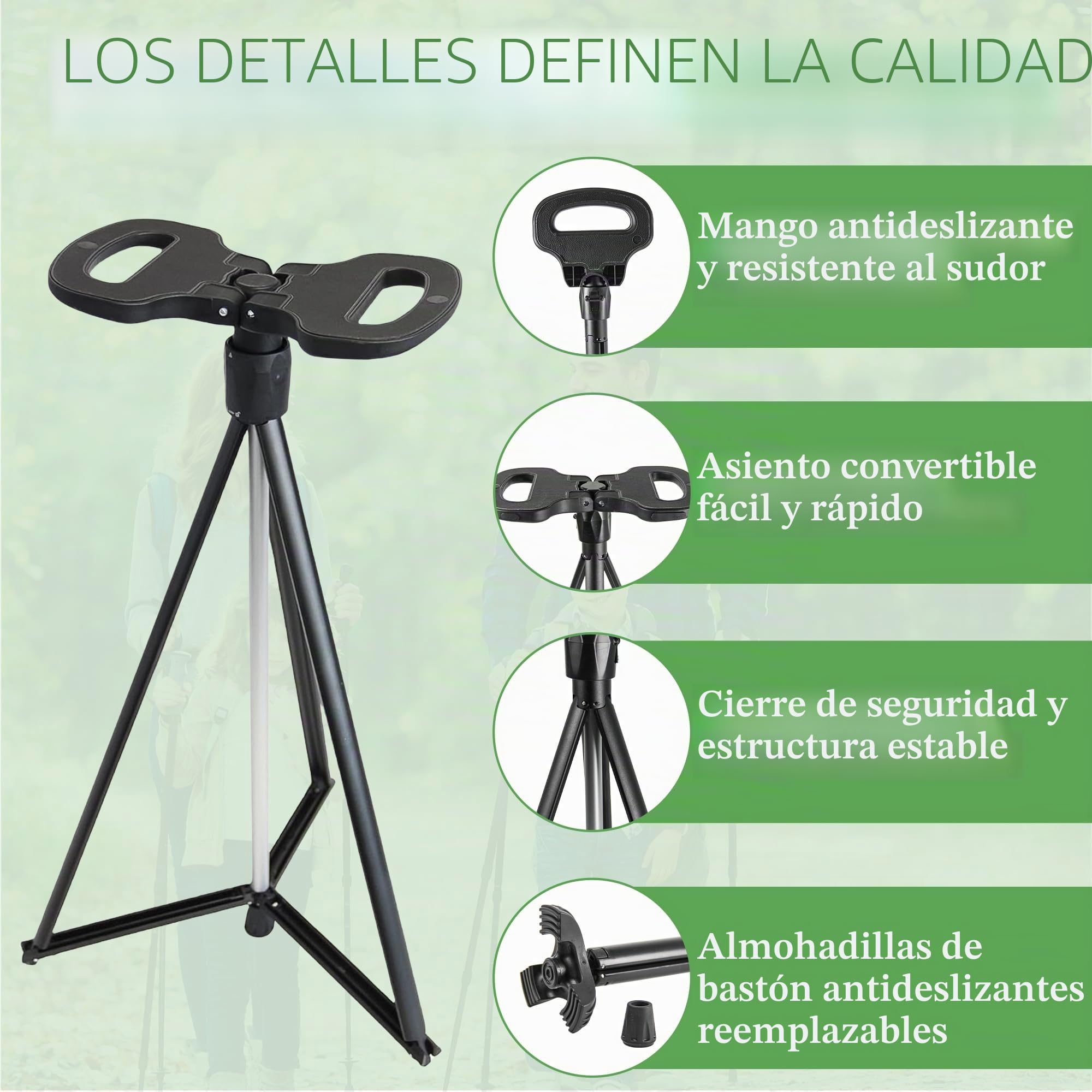 ALEVMOOM Bastón con Asiento, Bastón Portátil, Plegable, Bastón para Hombres y Mujeres con Bolsa de Transporte, Bastón para Adultos y Personas Mayores, Carga máxima 200 kg para Viajes al Aire Libre