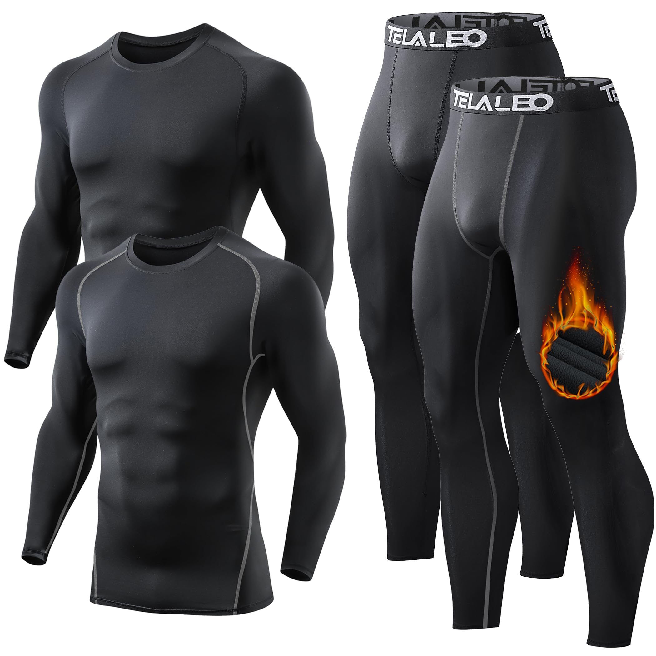 TELALEO Men's Thermal Underwear Sets Long Sleeve Compression Shirts, Winter Gear Sports Base-Layer Top Bottom Sets