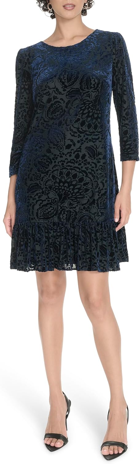 Tommy Hilfiger Womens 3/4 Sleeve Crew Neck Double Ruffle Hem Velvet Burnout Shift Mini Dress - Image 2