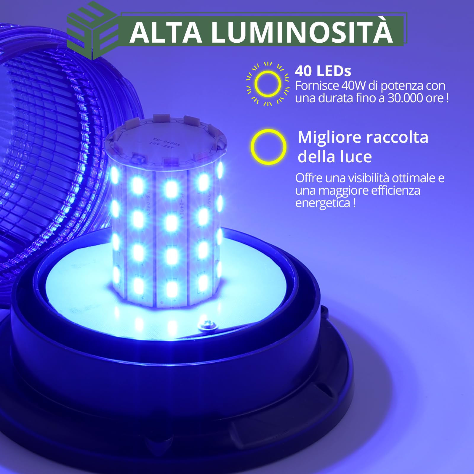 EYPINS 40 LED Luce Lampeggiante per Auto Blu,Luce Stroboscopica di Emergenza con Base Magnetica,Spia di Avvertimento per Auto da 40 W,E57/IP65,Cavo da 5 m,per 12 V/24 V Trattore,Camion