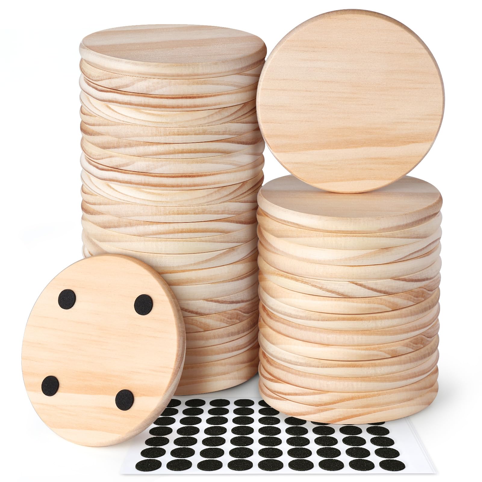 36 Pieces Unfinished Wood Coasters, GOH DODD 4 Inch Wooden Blanks with Non-Slip Pads for Laser Engraving Wood Burning Staining Painting Decoupage Housewarming Gifts Wedding Crafts Education, Round