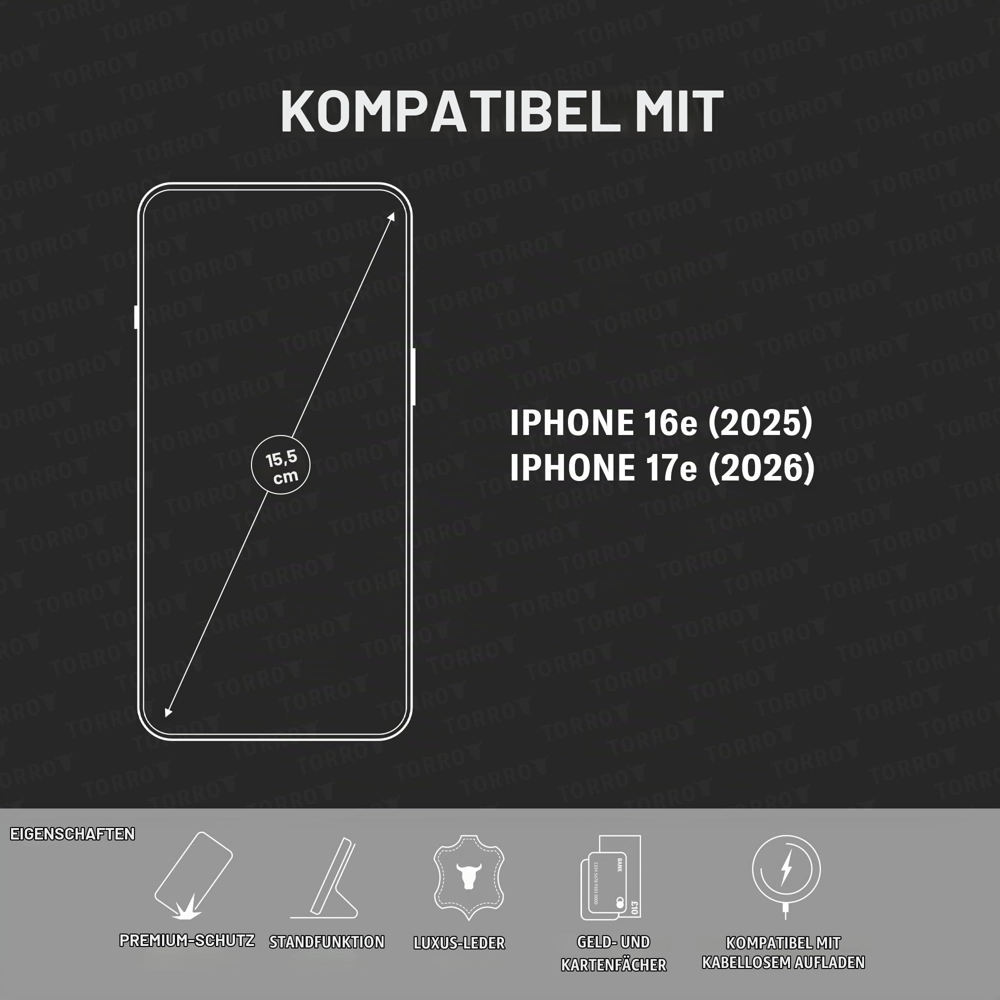 TORRO Hülle Kompatibel mit iPhone 17e und iPhone 16e (6.1” 2026/2025) - Echt Leder Hülle mit Standfunktion und Kartenfächern (Schwarz)