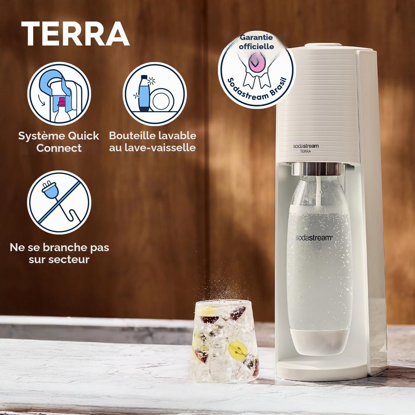 SodaStream Terra Machine à eau pétillante, machine à eau pétillante et bouteille d'eau pétillante de 1 l, machine à boissons rétro avec bouteille d'eau sans BPA et bouteille de gaz CO2 à connexion