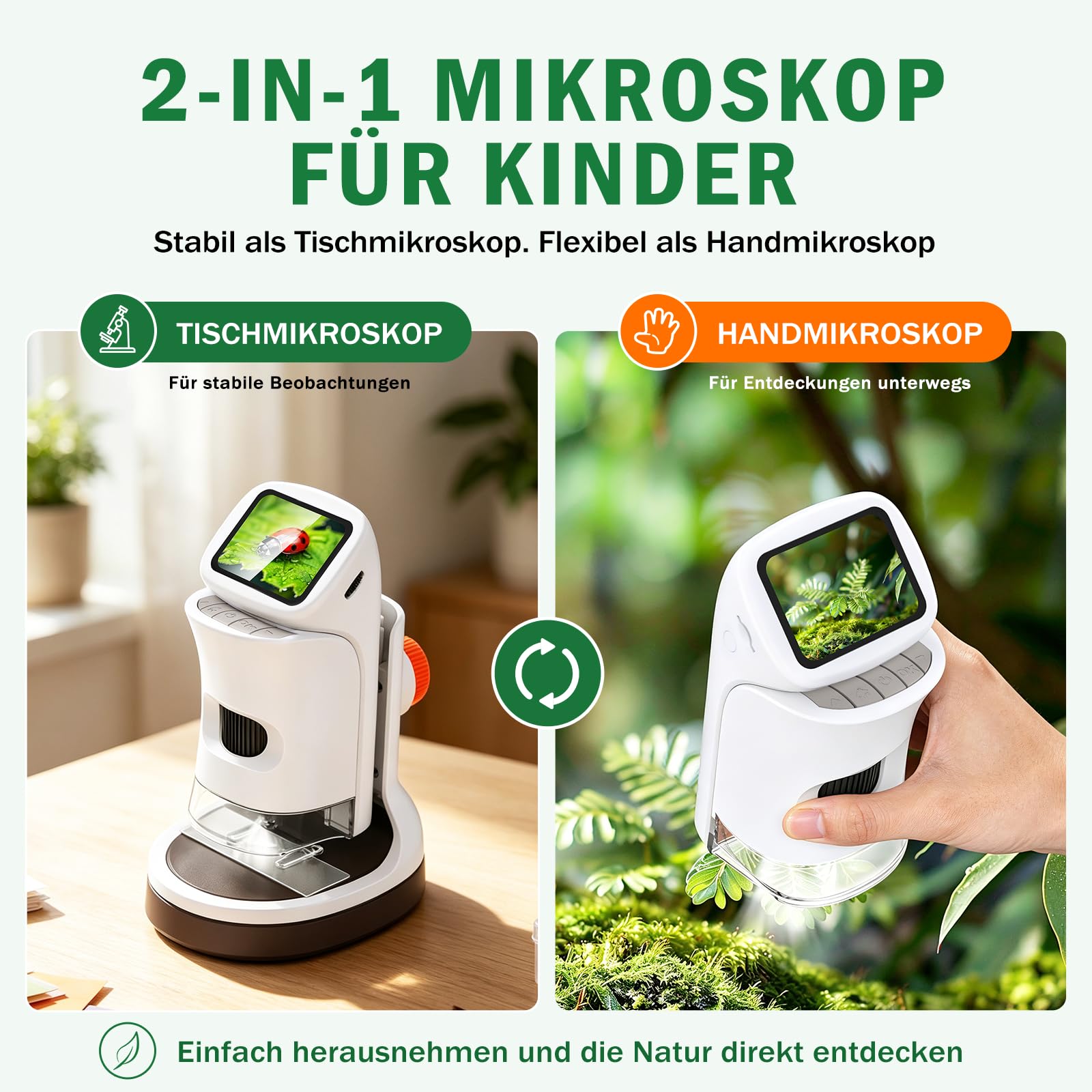 Microscopio para niños con pantalla HD de 2 pulgadas, aumento de 100 a 1000 aumentos, 1080p, captura de fotos y vídeos, 6 luces LED, tarjeta TF de 32 GB, USB-C, microscopio portátil para niños a