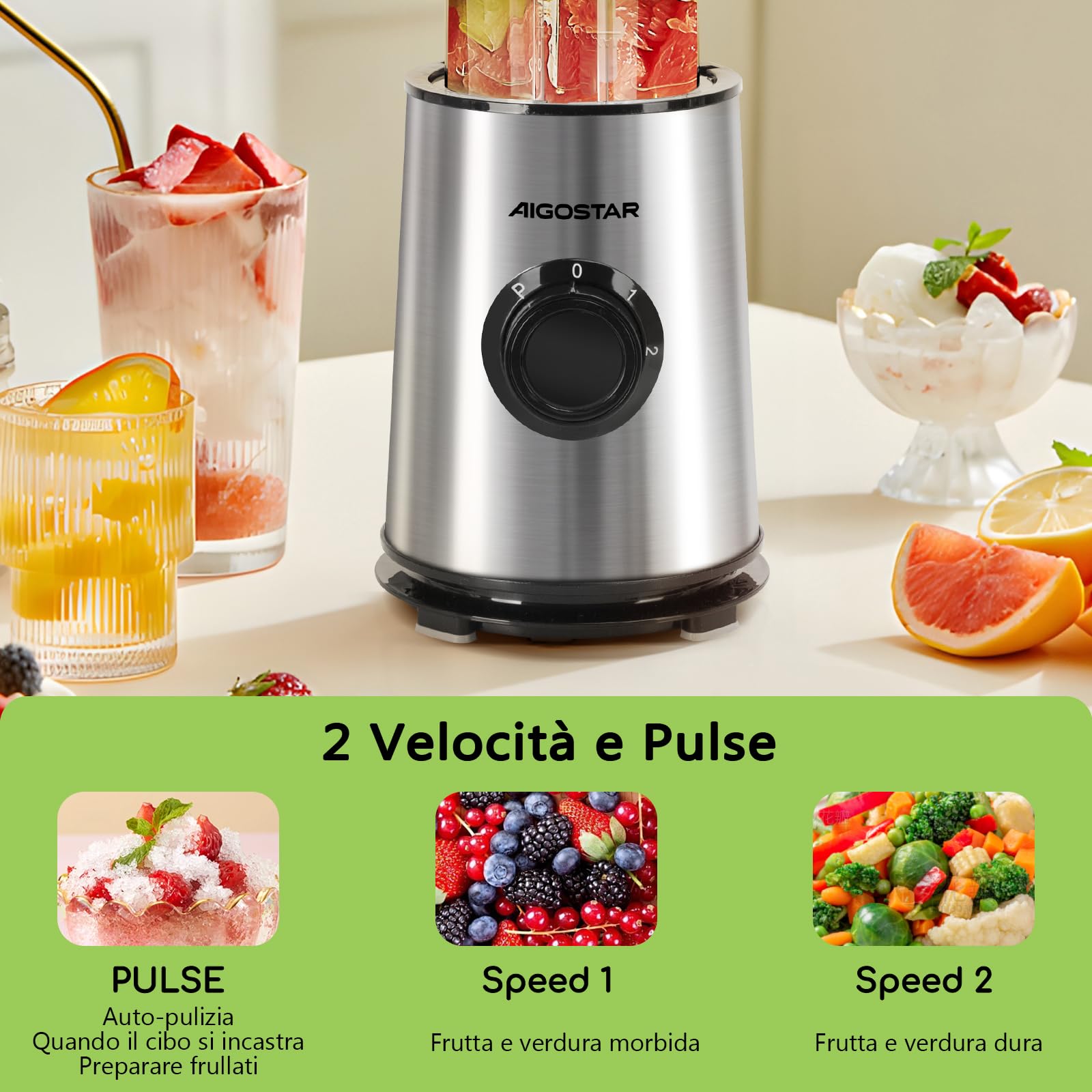 Aigostar Frullatore Portatile, Frullatore Elettrico con borraccia da 2 * 800ml BPA FREE, 2 Velocità e Pulse, 4 Lame Inox, 600W, per Frullati, Trita Ghiaccio e Frutta Congelata. Nero, Baron.