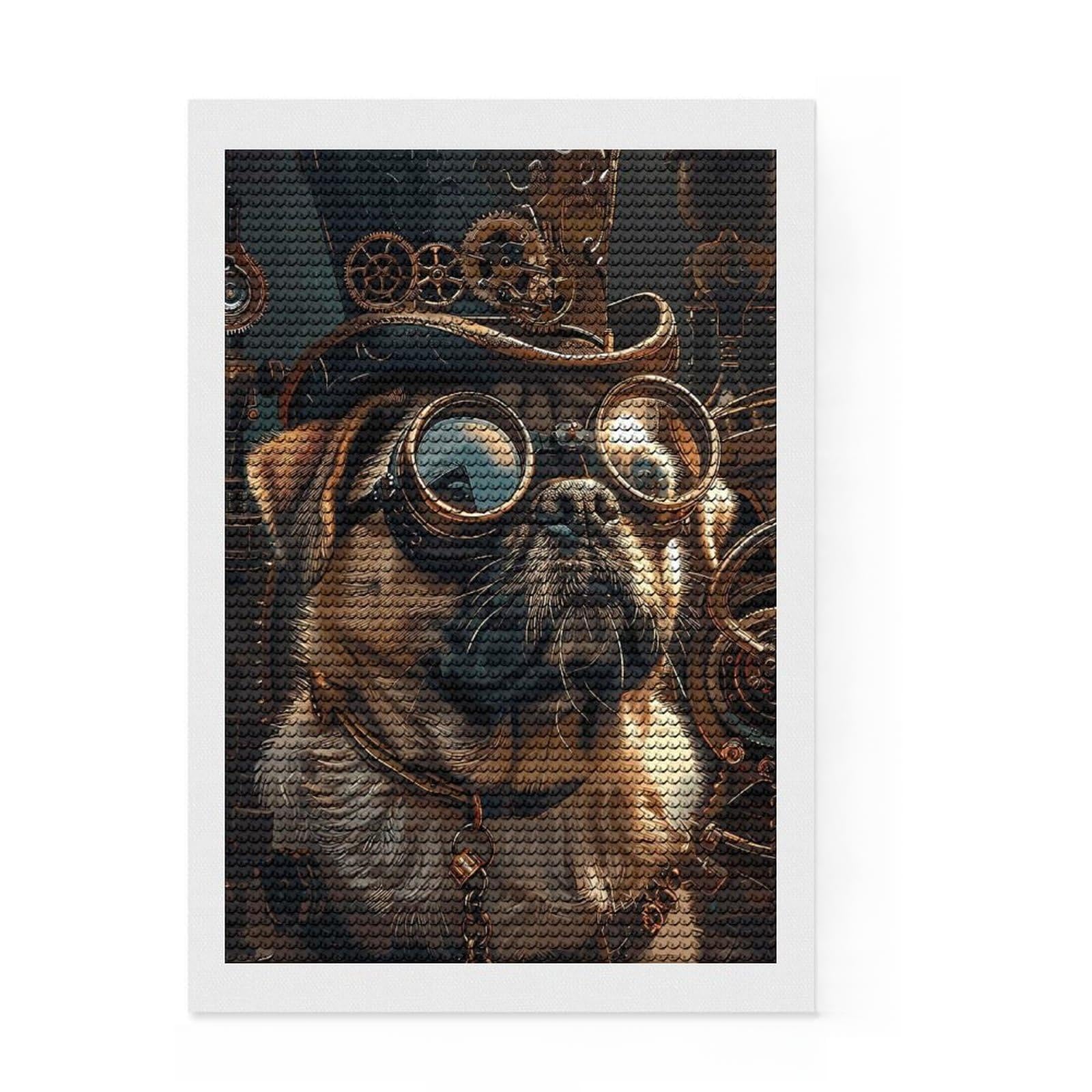 Junmoney Steampunk Pug Dog Diamond Painting Set 8"x12", for Craft Lovers, Creative Leisure Activity, Farmhouse Decor, Holiday Gift Idea