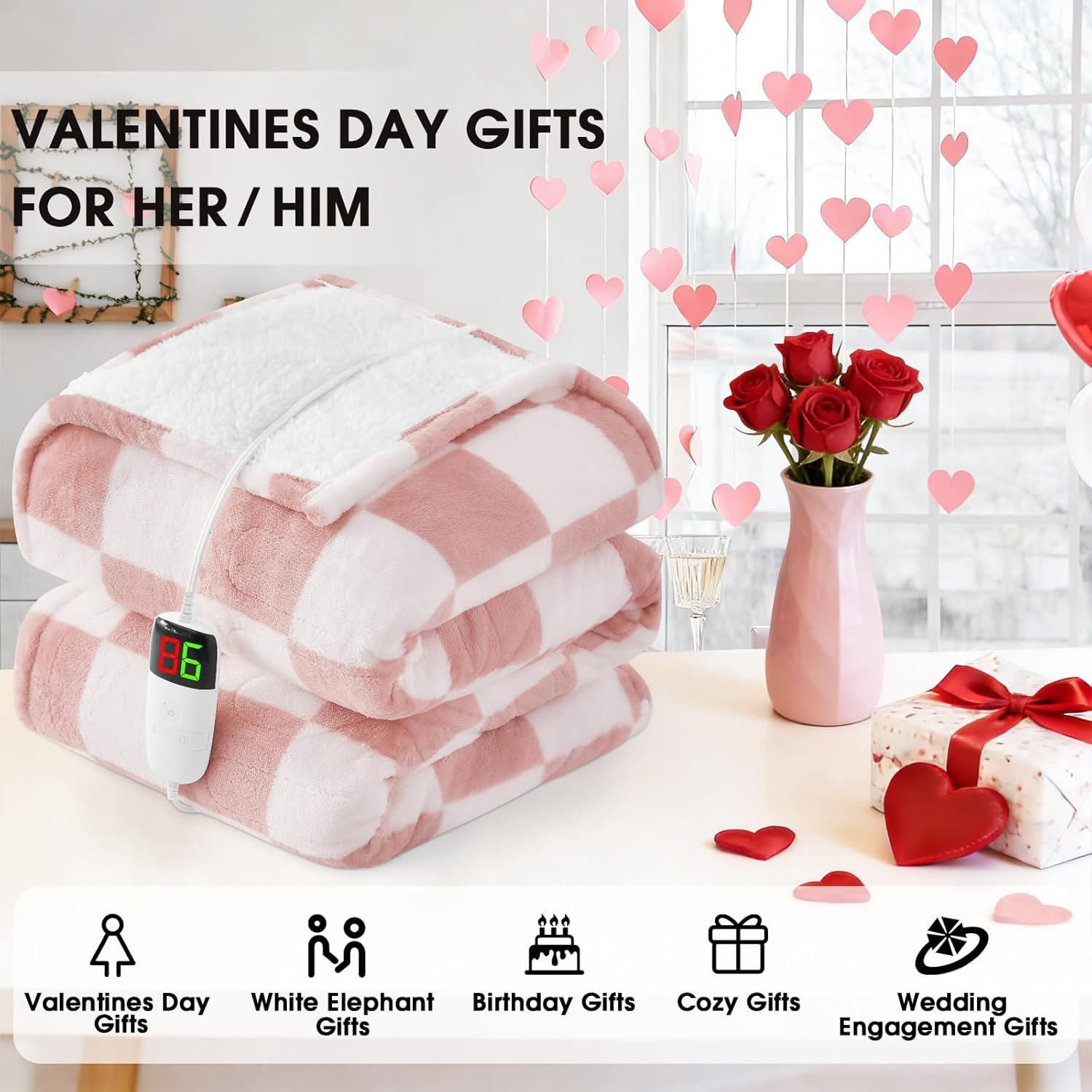 Light Pink Heated Blanket Electric Throw, 50X60 Heating Blanket with 10 Heat Levels & 8 Hours Auto Off for Lap, Checkered Plaid Soft Sherpa Blankets Warmer Gifts for Couch Grandma Women Adults - Image 6