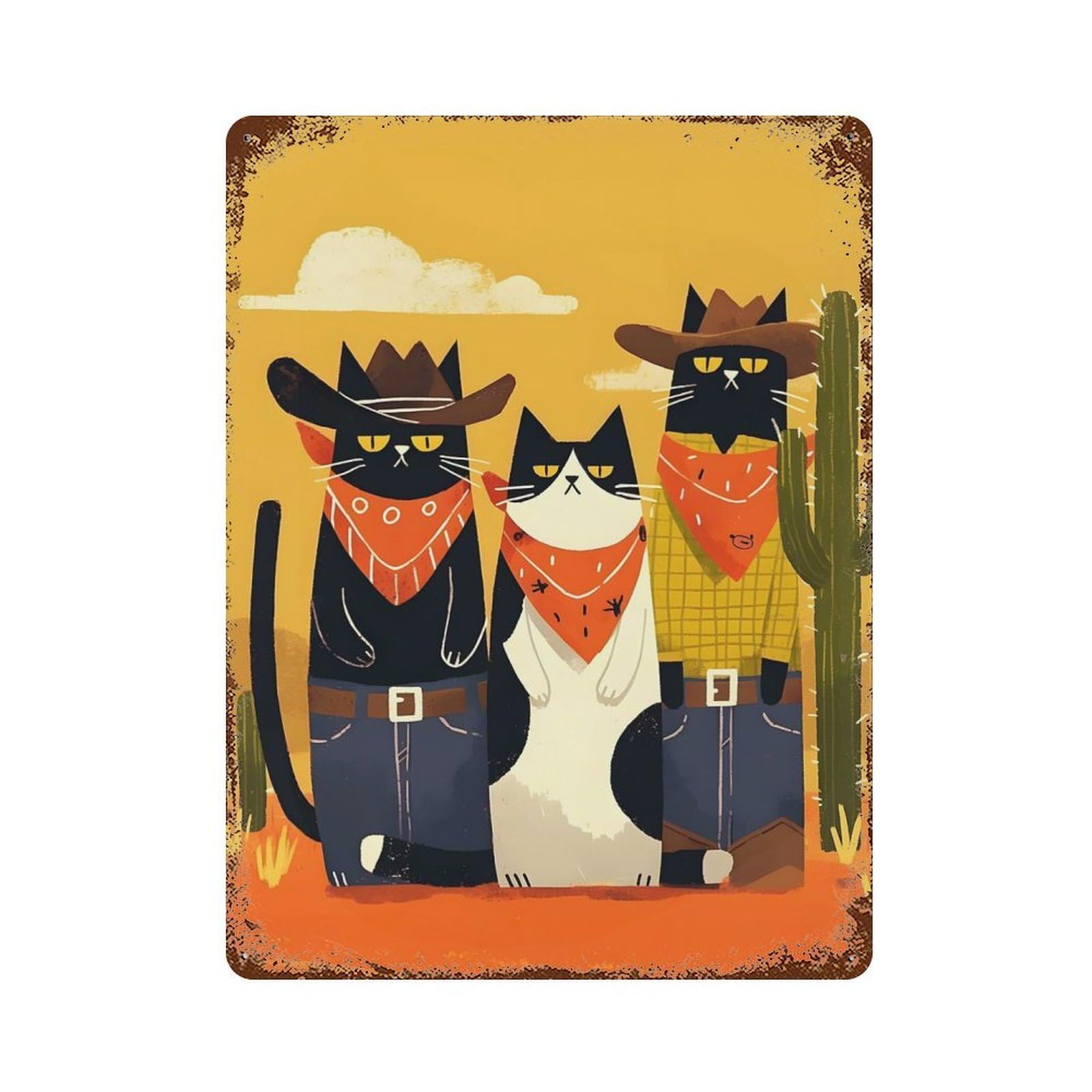 Rust Effect Cowboy Cats in The Desert Rusty Metal Tin Sign 15.7"x11.8", Farmhouse Wall Decor for Shed, Workshop And Garage Wall Decor