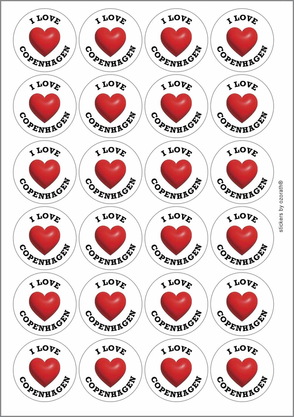 I Heart Love Copenhagen Location Circular Matt Paper Stickers A4 Sheet of 24 (Each Sticker is 45mm Diameter)