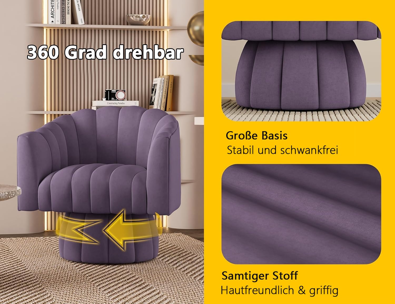 Mid Century - Sillón redondo giratorio de 360 grados con amplio acolchado de terciopelo para salón, dormitorio, oficina, sala de espera (morado)