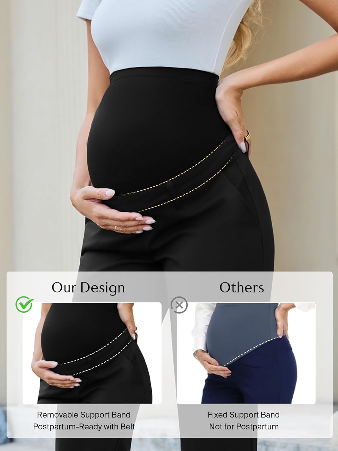 Ecavus Women's Maternity Pants Over Belly Seamless Stretchy Work Pants Dual Length Maternity Wide Leg Pants with Pockets Black - Image 6