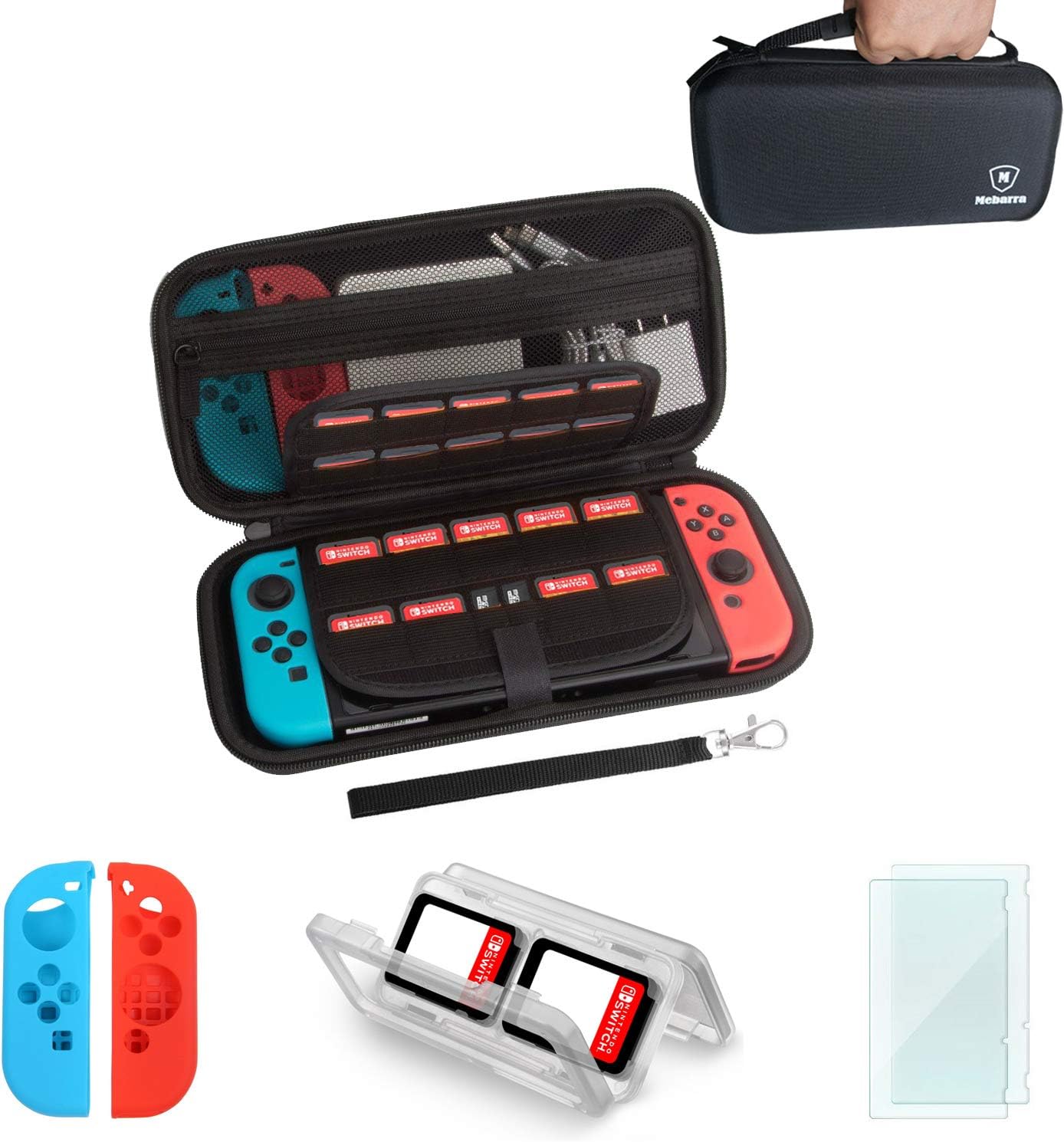 Carrying Case and Screen Protector for Nintendo Switch, Mebarra Switch Case with 29 Game Cards Holders, Travel Card Holder and Joy-con Skin Accessories Starter kit