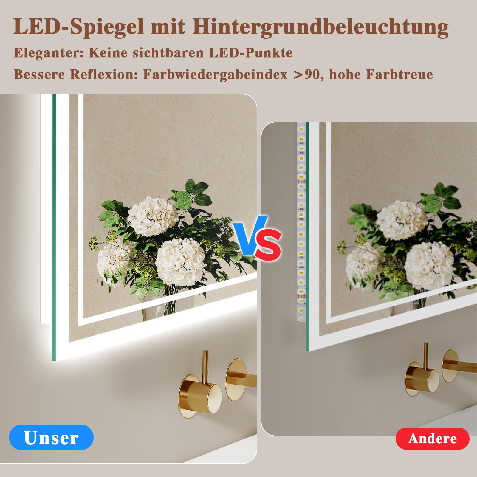 Badspiegel-mit-Beleuchtung 100x70cm - Badezimmer Spiegel mit Beschlagfrei - LED Badezimmerspiegel mit Touch-Schalter,Dimmbar,3 Lichtfarben Wandspiegel Horizontal/Vertikal