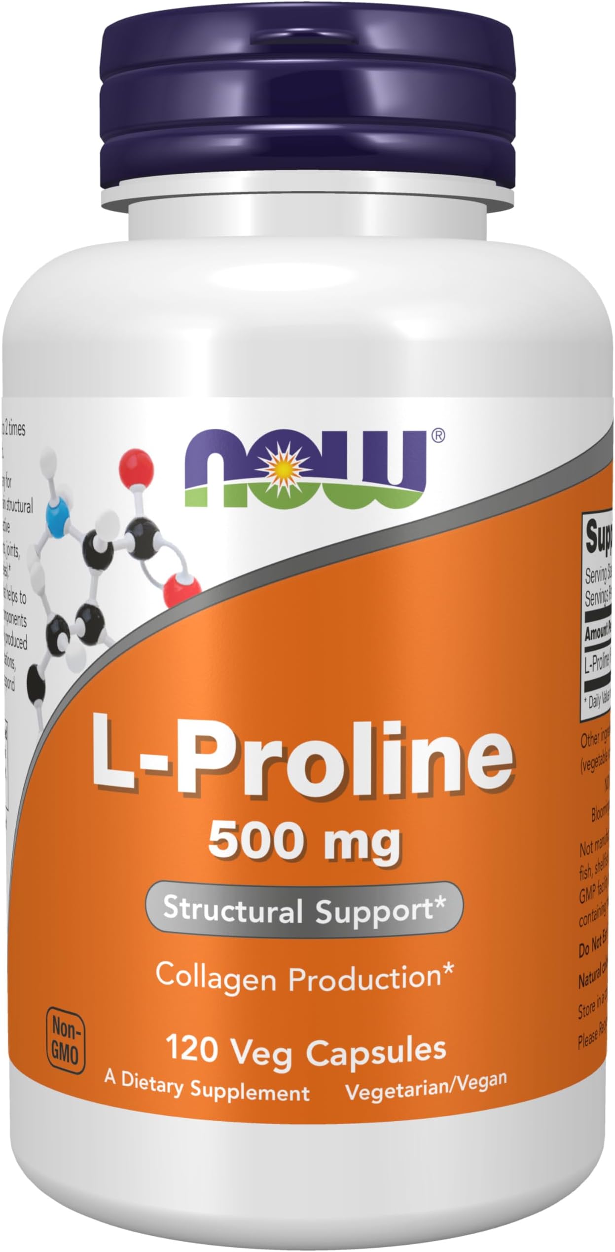 NOW Supplements, L-Proline 500 mg, Collagen Production*, Structural Support*, 120 Veg Capsules