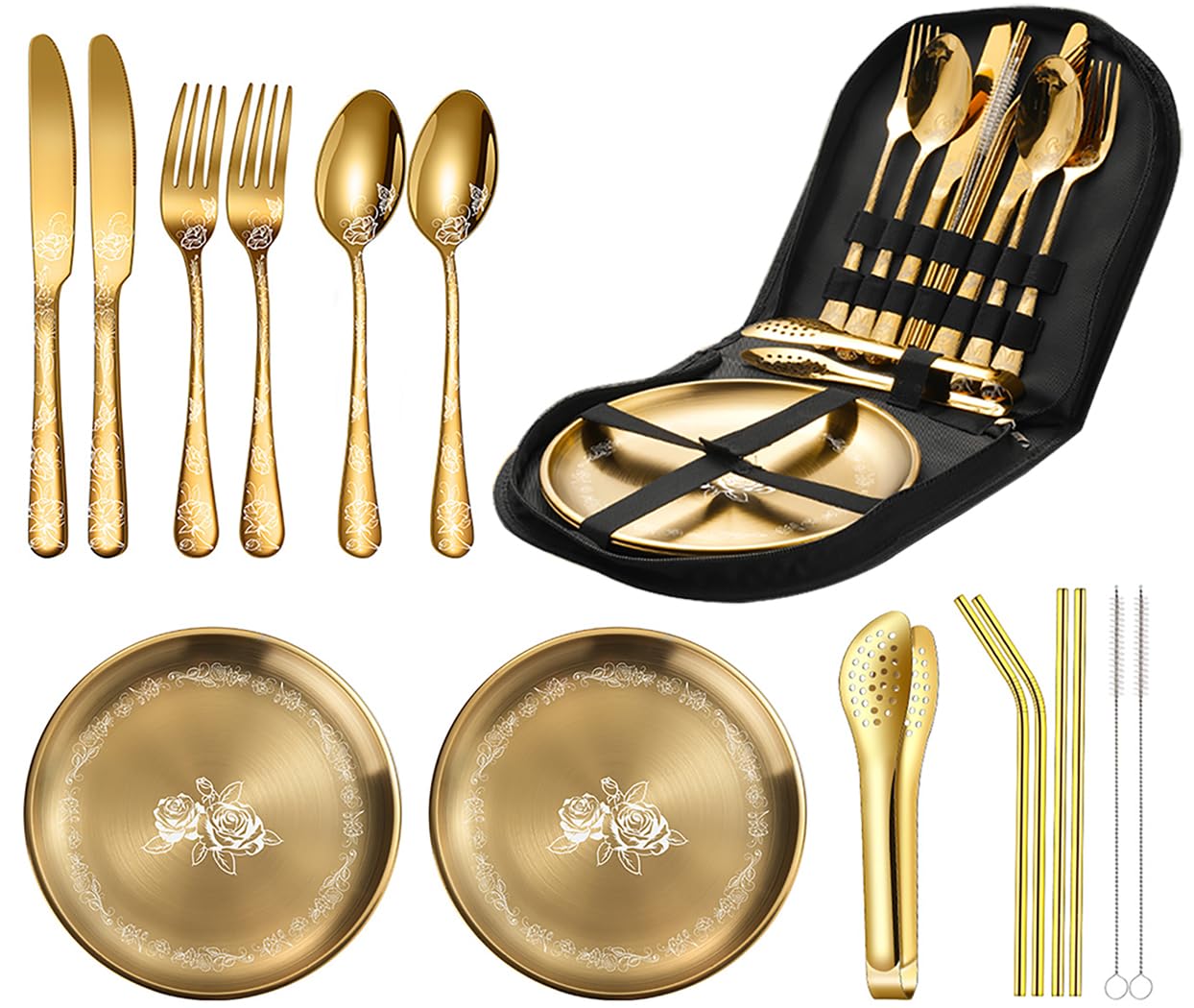 XIAOYU set di posate da campeggio in metallo da 16 pezzi per picnic con custodia portatile, stoviglie da campeggio per picnic per 2, kit di posate in acciaio inossidabile per esterni, oro