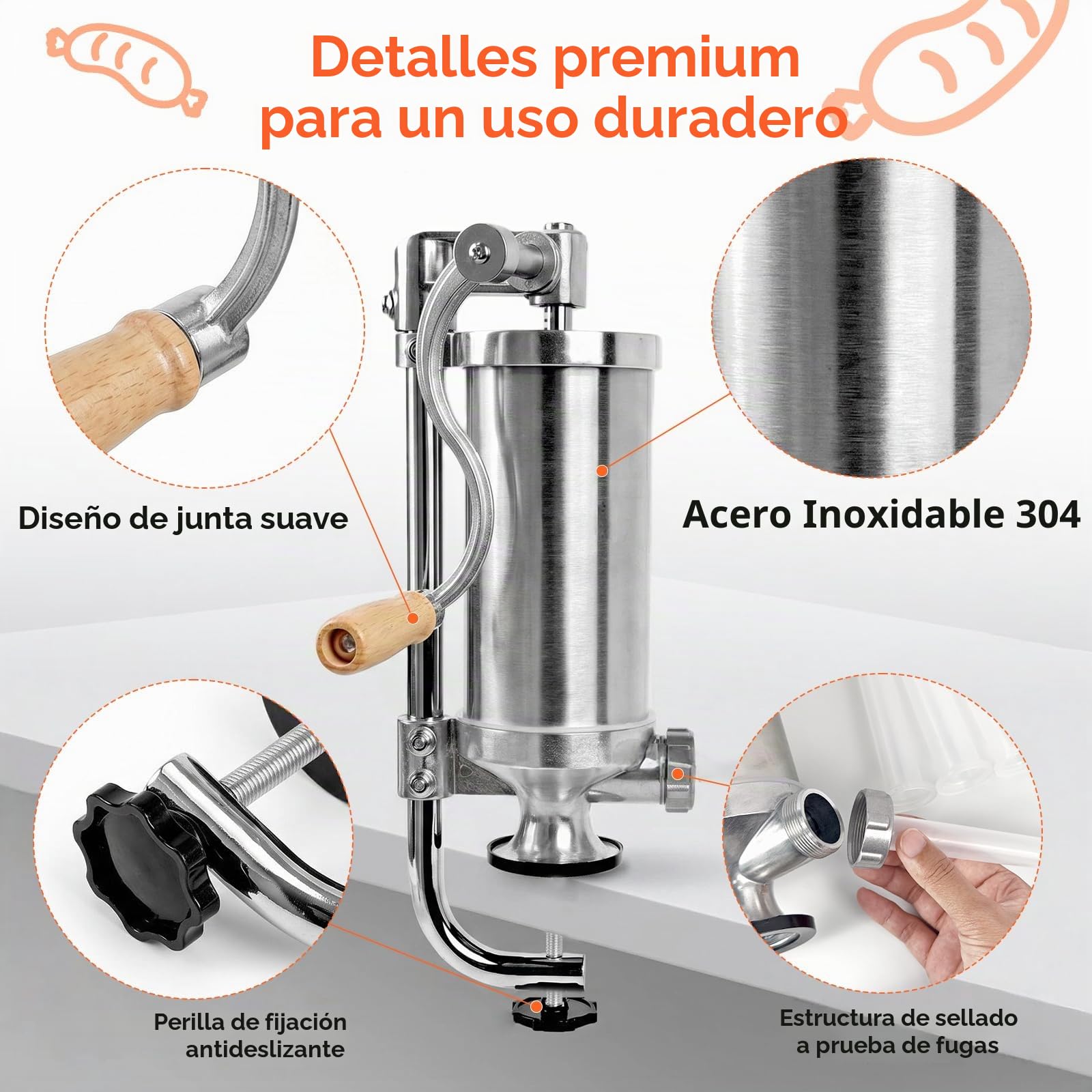 Joyeee 2.5 LB Embutidora de Salchichas Manual, Vertical Máquina para Embutidos de acero inoxidable con 4 tubos de llenado, para Hacer Chorizo Hot Dogs Bratwurst Tanto para Uso Doméstico como Comercial