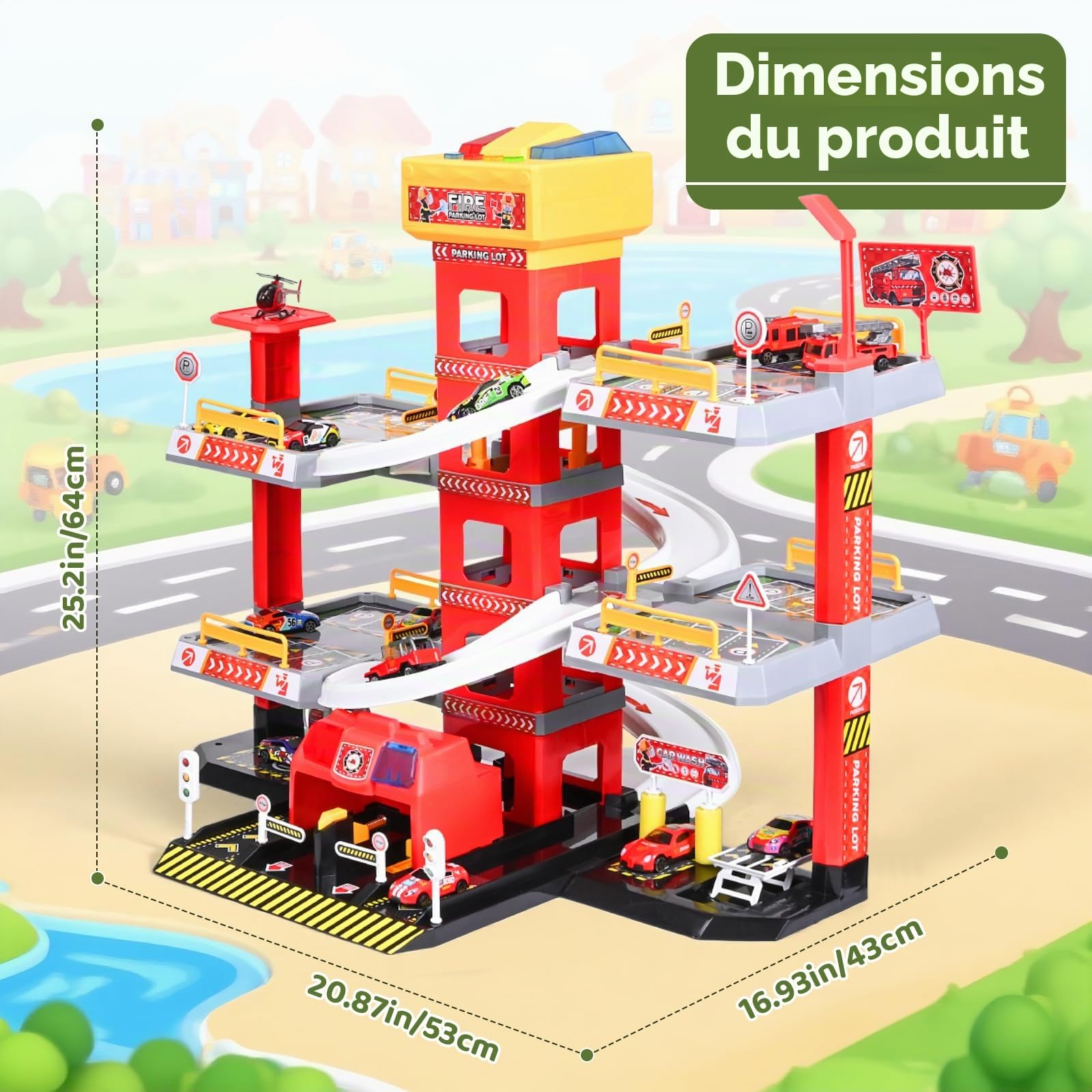 5 Etages Garage pour Enfants, Parking Jouet avec 12 Voitures et 1 Hélicoptère, Camion de Pompiers Jouet avec Ascenseur, Lumière et Son, Cadeaux pour Enfants de 3 4 5 6 7 8 9 Ans