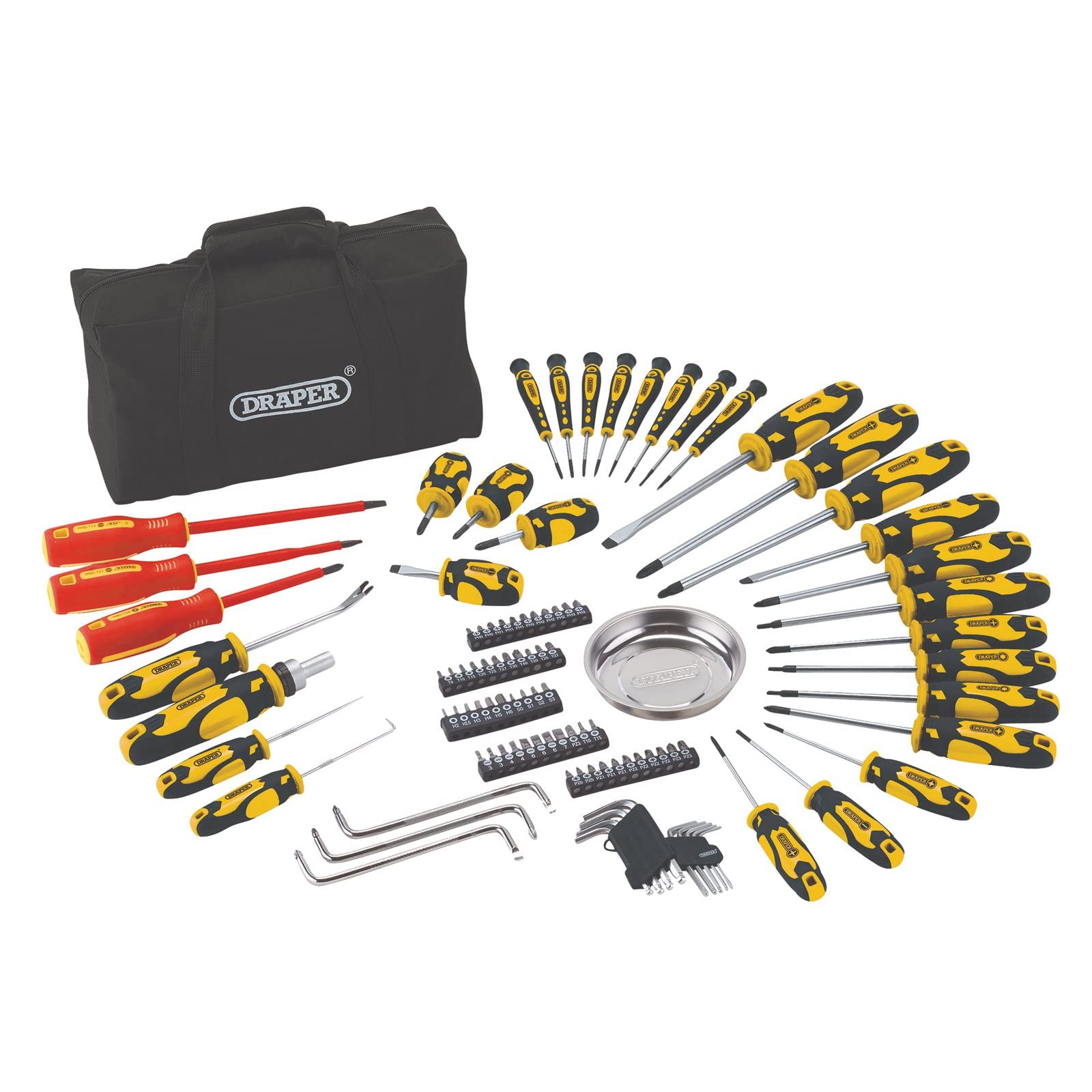 Draper 03992 Screwdriver Set With Case, Yellow (100 Piece), Household Tool Kit For Home And Garage