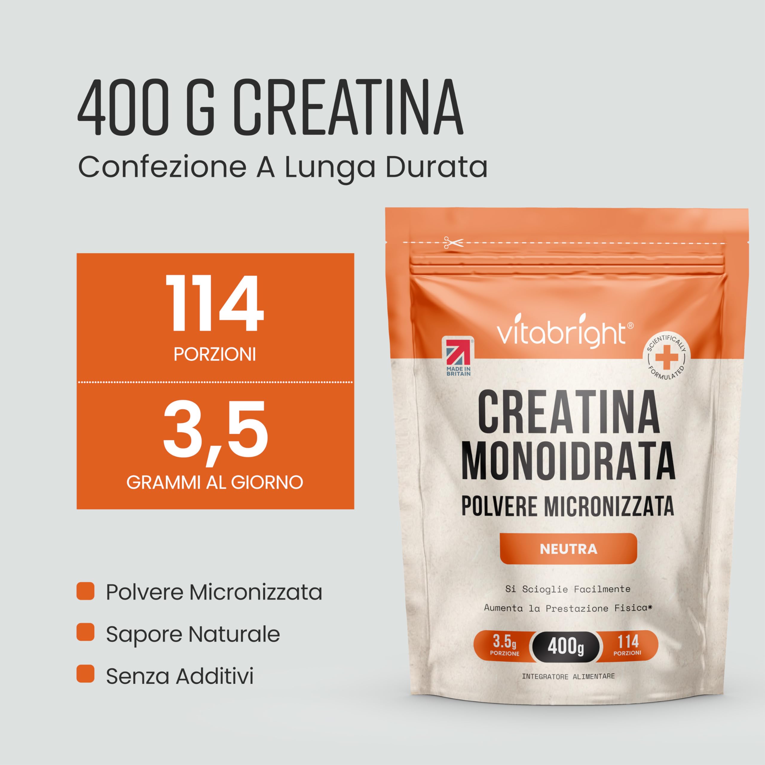 Creatina Monoidrata in Polvere Micronizzata | Busta da 400g | 114 Porzioni | Creatina Monohidrato Polvere Ultra Fine 200 Mesh a Rapido Scioglimento (Non Capsule) | Vitabright Creatine Monohydrate