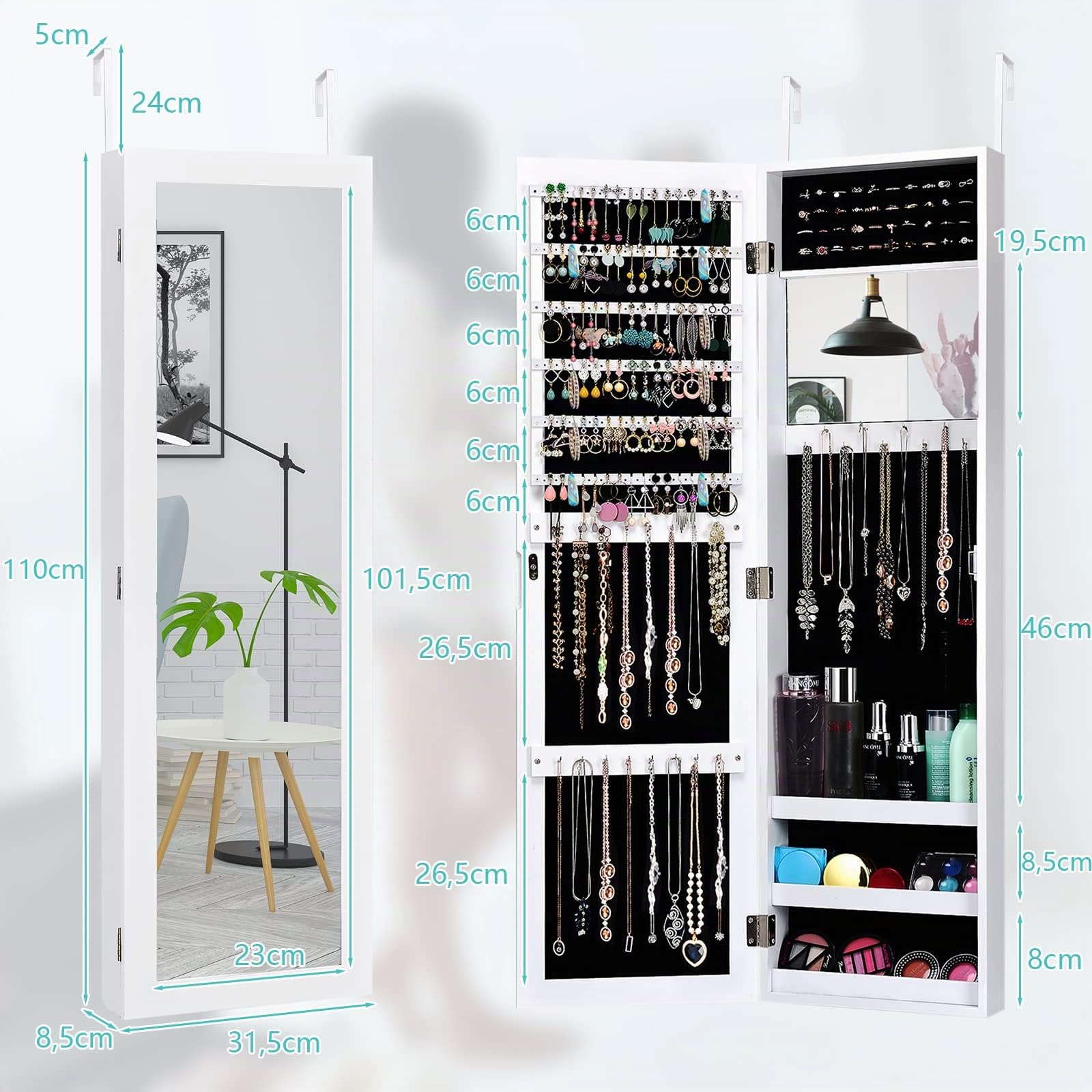 COSTWAY Armoire à Bijoux Murale/Suspendue 2 en 1 avec Miroir Antidéflagrant, Organisateur à Bijoux avec Espace de Rangement, Fermeture Magnétique, 31,5 x 8,5 x 110cm(Blanc)