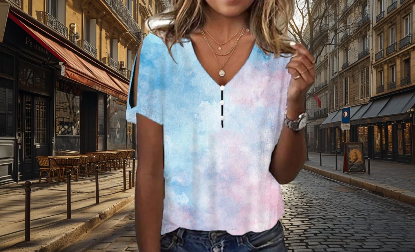 Cold Shoulder Tops for Women 2024 Marble Printing V Neck Fashion Novelty Fit Camping Tee Off The Shoulder Tops for Women - Image 4