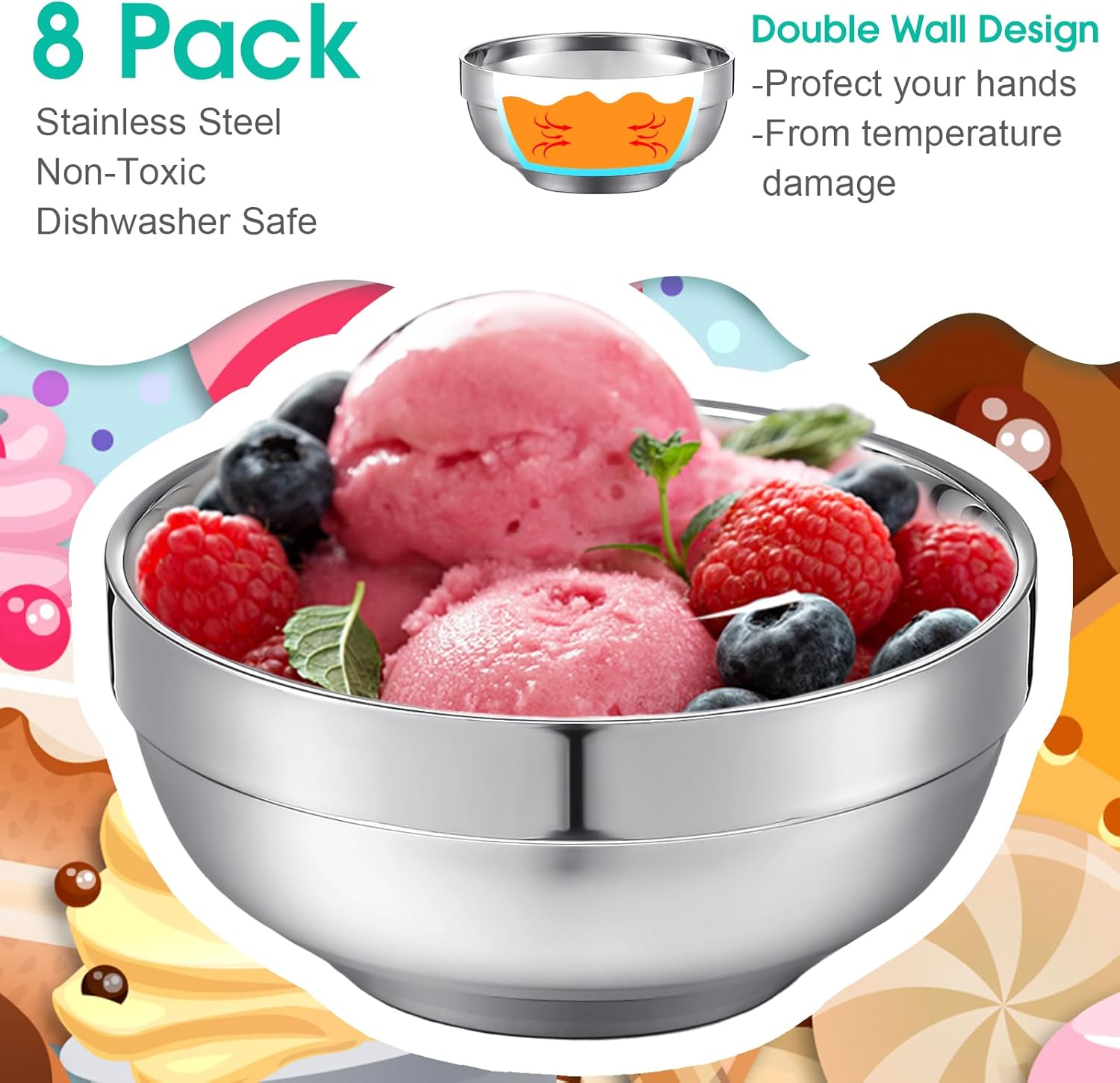 Funnymoom 8 Pack 24 oz Stainless Steel Bowls Double Walled Insulated Soup Ice Cream Metal Mixing Nesting Bowls for Serving Soup Rice Cereal (304 Stainless Steel)