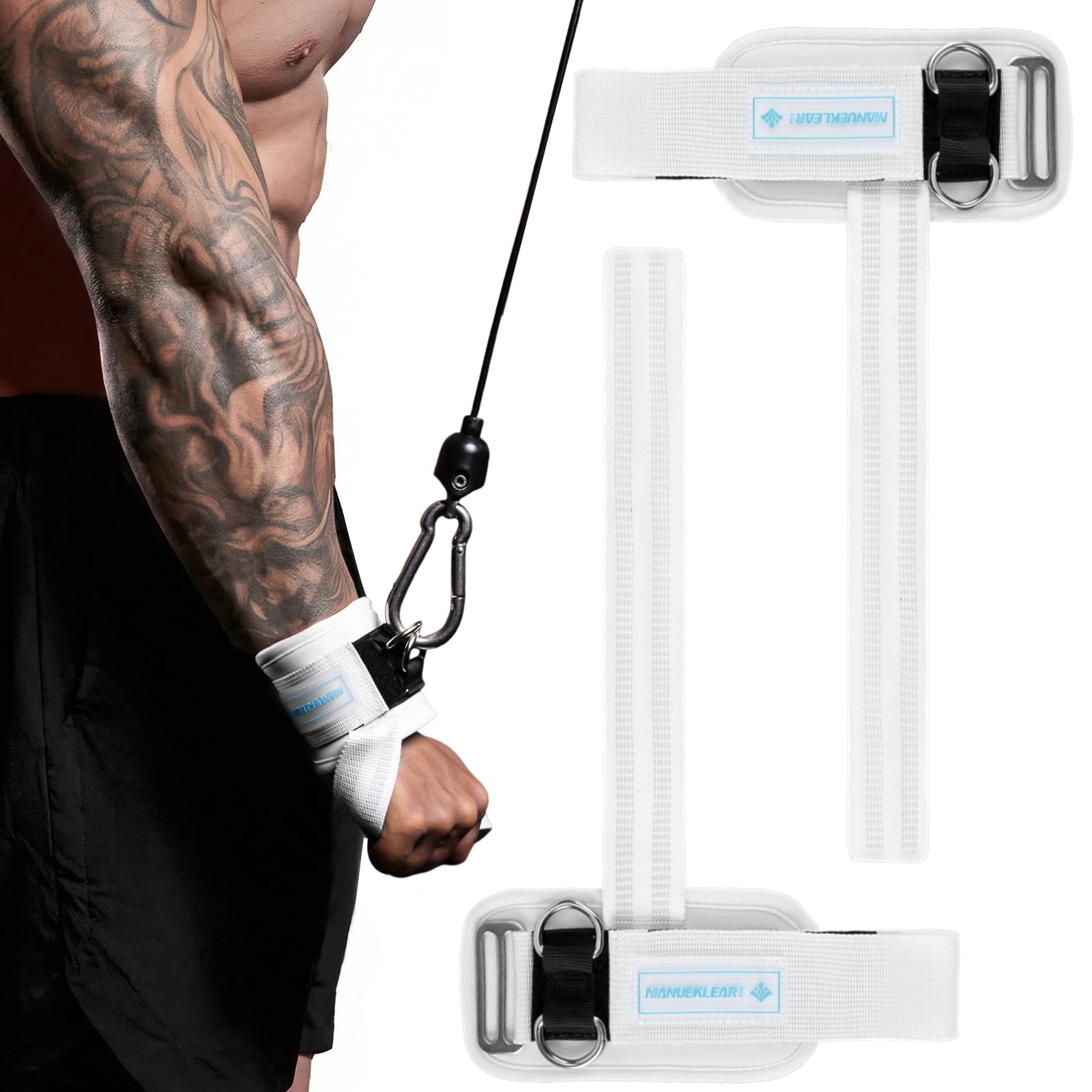 M MANUEKLEAR Wrist Straps for Weightlifting, Gym Lifting Straps with D Rings for Cable Machine,Weight Lifting Wrist Wraps for Men Women White Blue M(6.3-7.5inch)