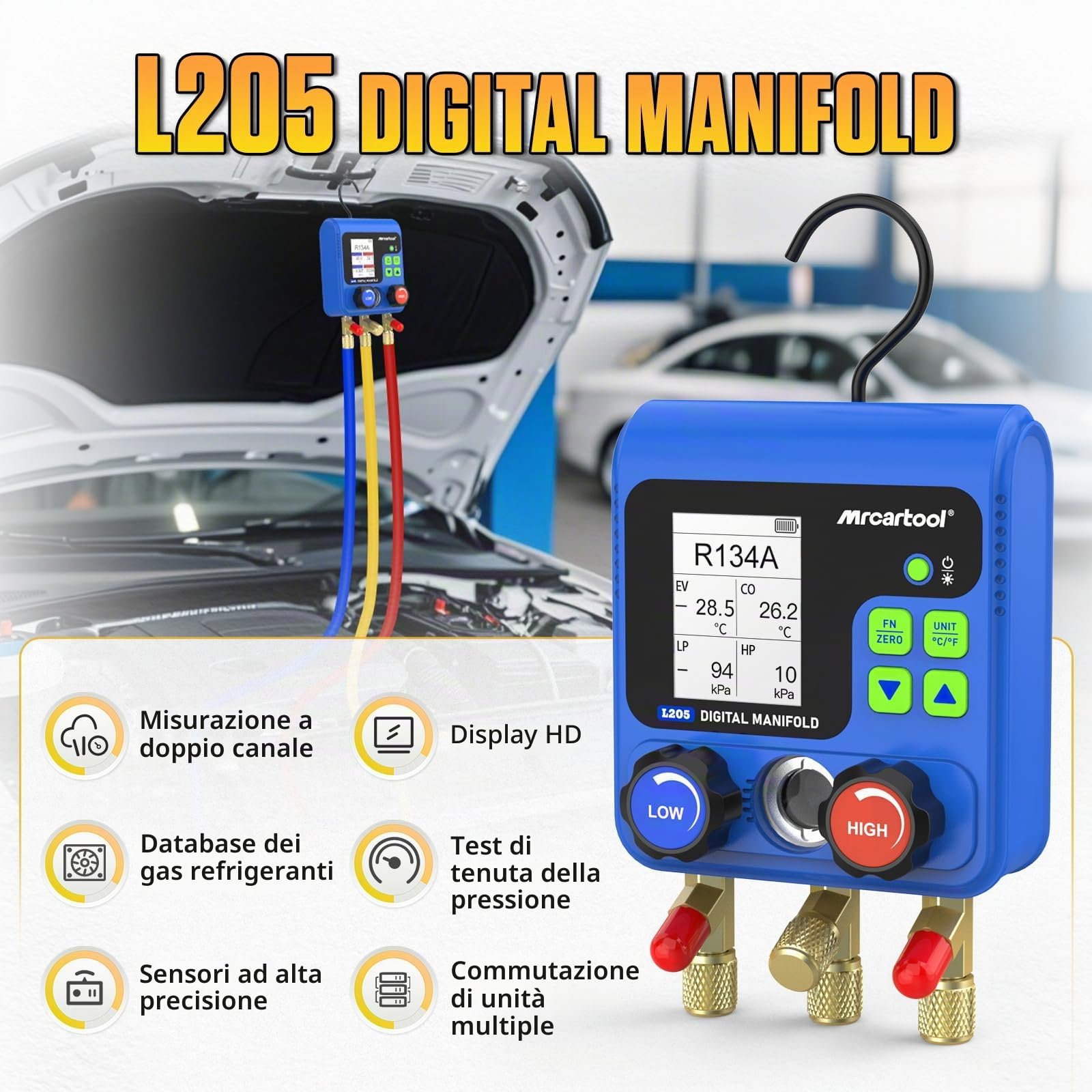 Refrigerante aiuto per il montaggio, distributore digitale con 92 refrigeranti, dati digitale, indicatore refrigerante, L205 HVAC R32 R134A R12 R410A R11